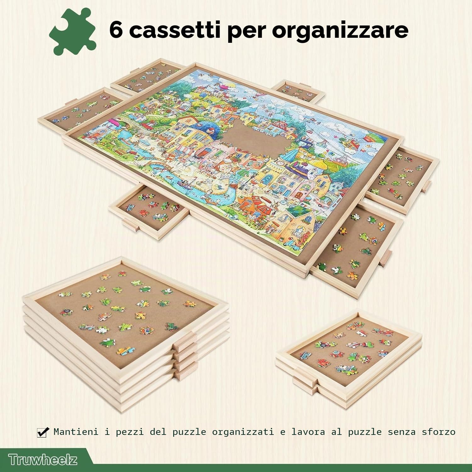 Puzzle rotante da 1000 pezzi, con 6 cassetti e copertura, 76,6 x 57 cm, tavolo puzzle portatile in legno per adulti, Lazy Susan Spinning Puzzle Boards Mama