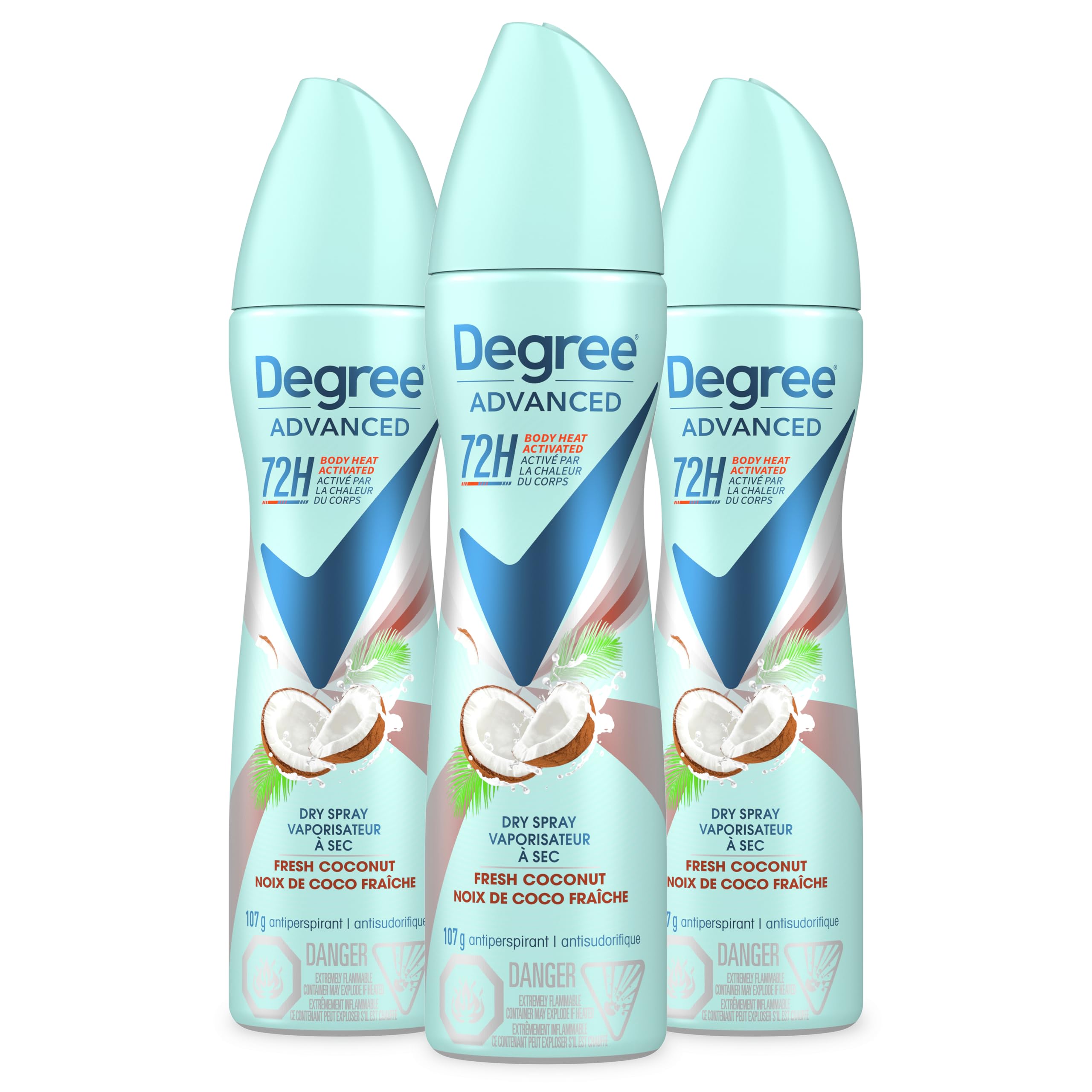Degree Advanced Antiperspirant Deodorant Dry Spray Coconut & Hibiscus 3 count 72-Hour Sweat and Odor Protection Deodorant Spray With MotionSense Technology 3.8 oz