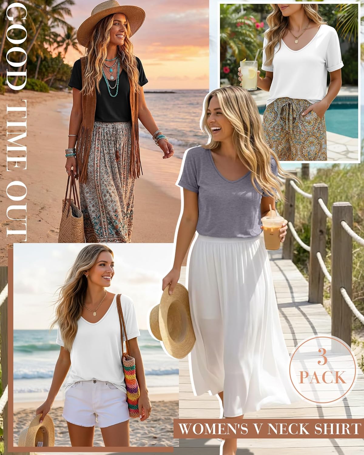 Riyiper 3 Pack Women's V Neck Shirt, Summer Rolled Sleeve Solid Tops Casual Loose Tees Lightweight Basic Soft Tshirt - Image 4