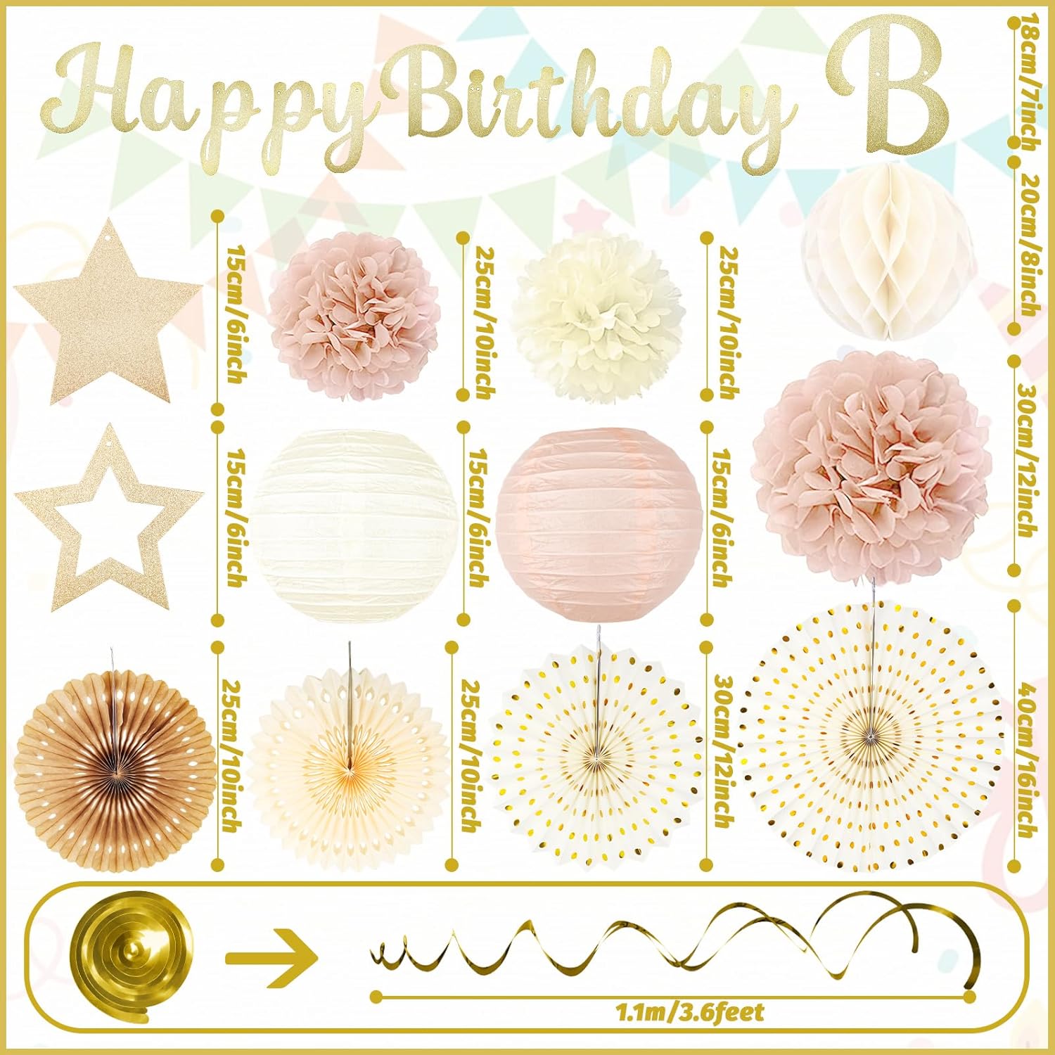Champagne-Gold Fall Boho Birthday Party-Decorations - 29pcs Beige Cream Autumn Retro Party Decorations for Women Girls, Happy Birthday Banner Paper Streamers Lanterns Tissue Pom Poms - ZERODECO - Image 3