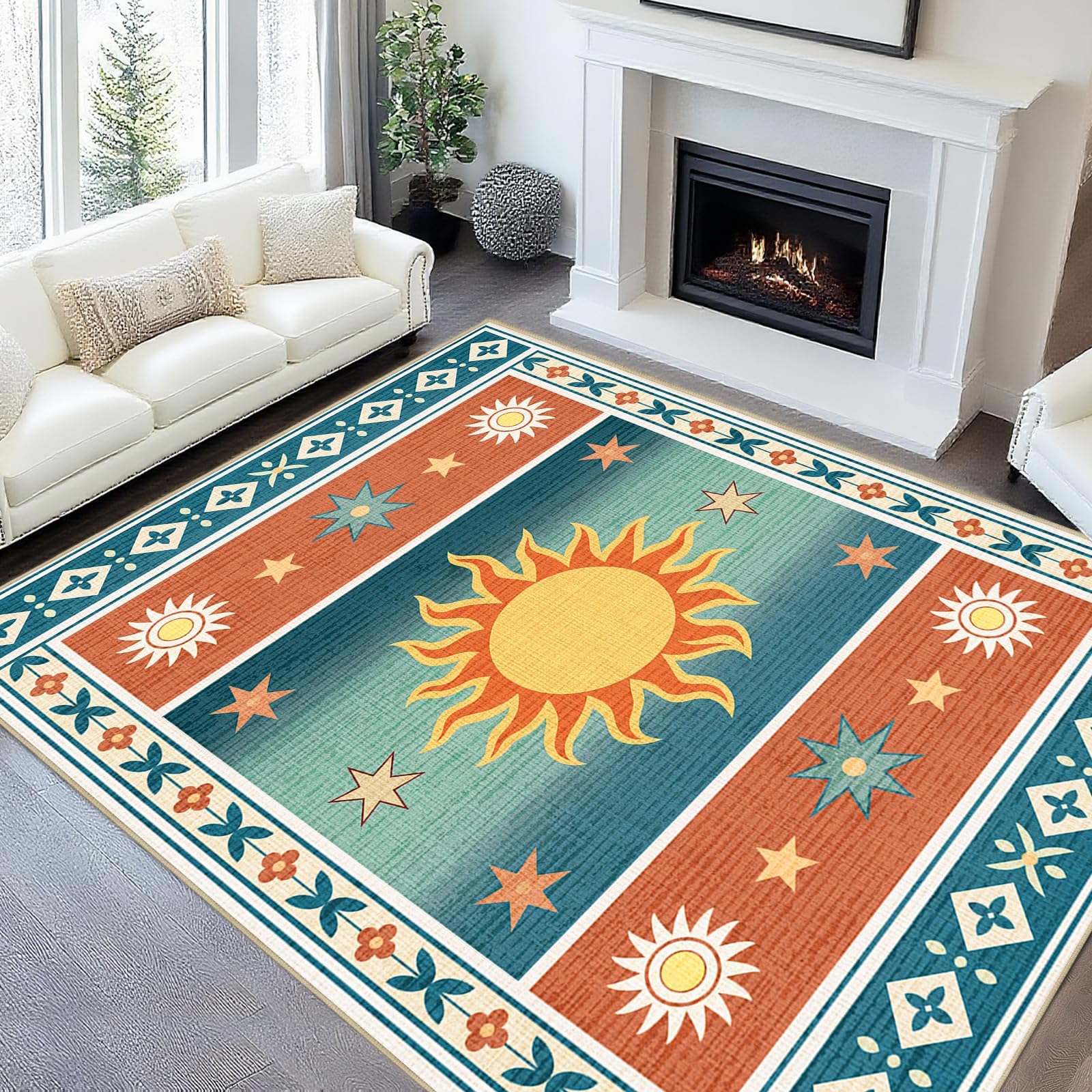 Bycmuoz Sun Living Room Rug, 180x260cm, Boho Chic Colorful Artistic Design Washable Area Carpet, Celestial Pattern Soft Play Mat, with Non-Slip Backing Low Pile Rug for Entryway Bedroom — image 1