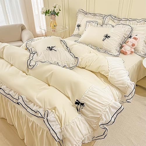 Miniatura 6 de IHOUSTRIY Funda de Edredón Crema Tamaño Queen, Juego de Ropa de Cama con Volantes con Lazo, Juego de Funda de Edredón de 3 Piezas con Cierre de