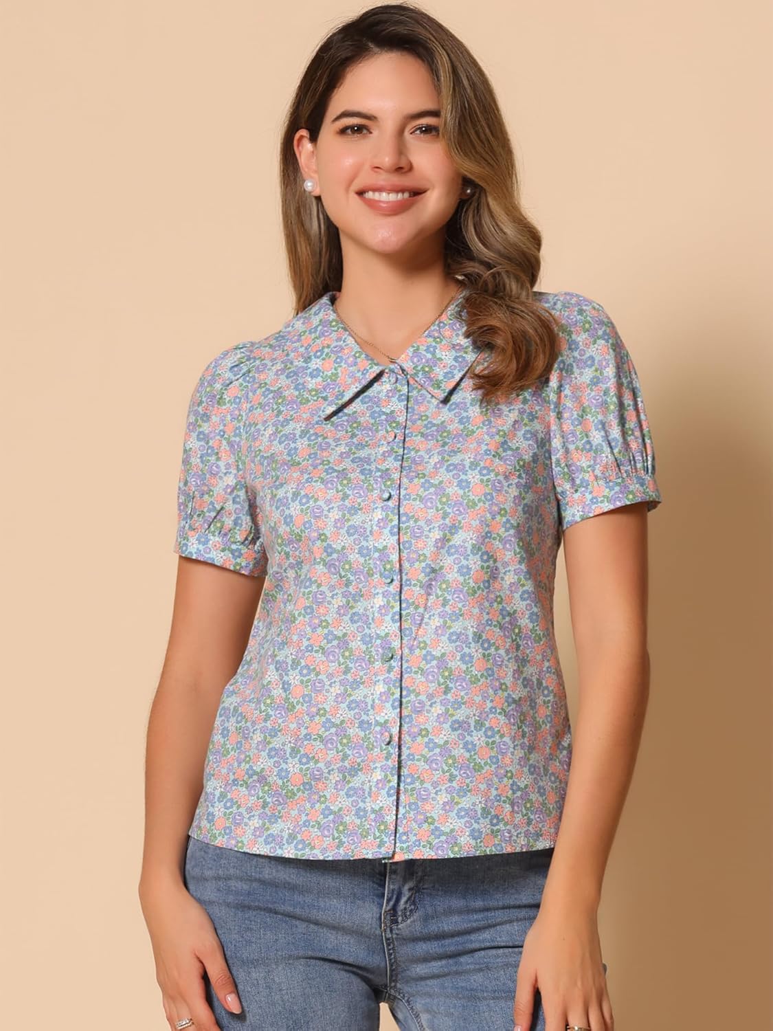 Allegra K Women's Summer Shirt Top Puff Short Sleeve Point Collar Button Down Floral Blouse - Image 2