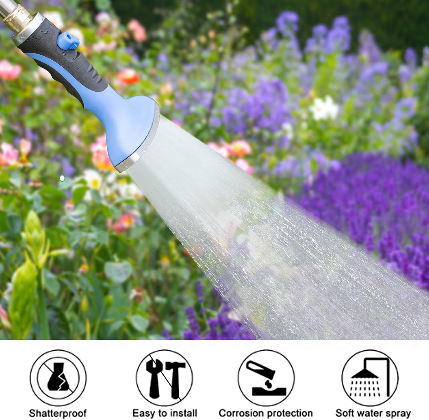 Dreyoo Fan Spray Nozzle for Garden Hose, Heavy Duty Garden Hose Head Spray for Watering Wand with Flow Control and Ergonomic Insulated Grip, Blue (2 Pack)