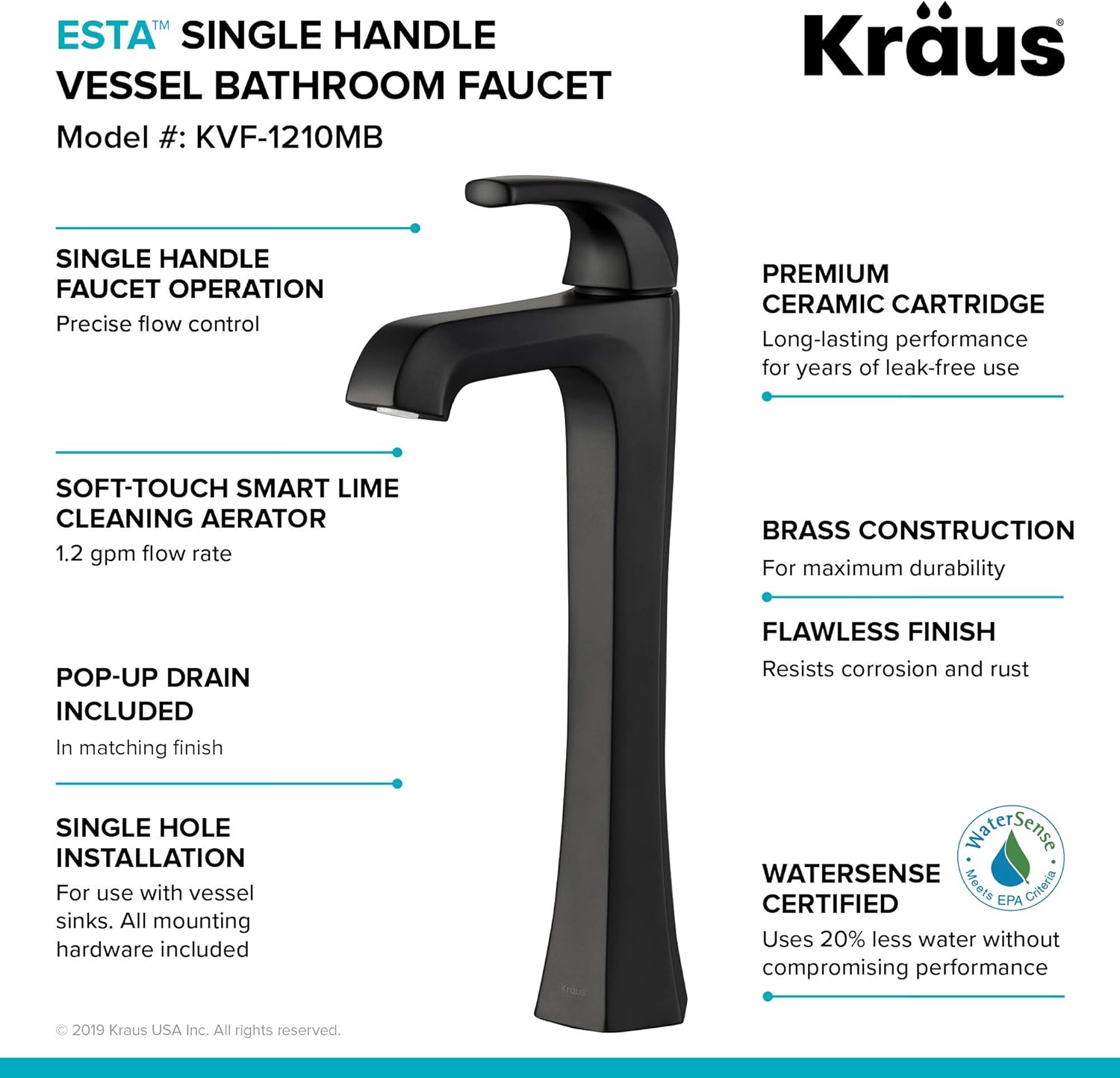 KRAUS Esta Single Handle Vessel Bathroom Faucet with Pop-Up Drain in Matte Black, KVF-1210MB