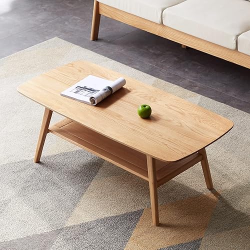 Voohek Mesa de café baja de madera de roble con estante de almacenamiento escritorio de escritura natural muebles centrales de piso para sala de