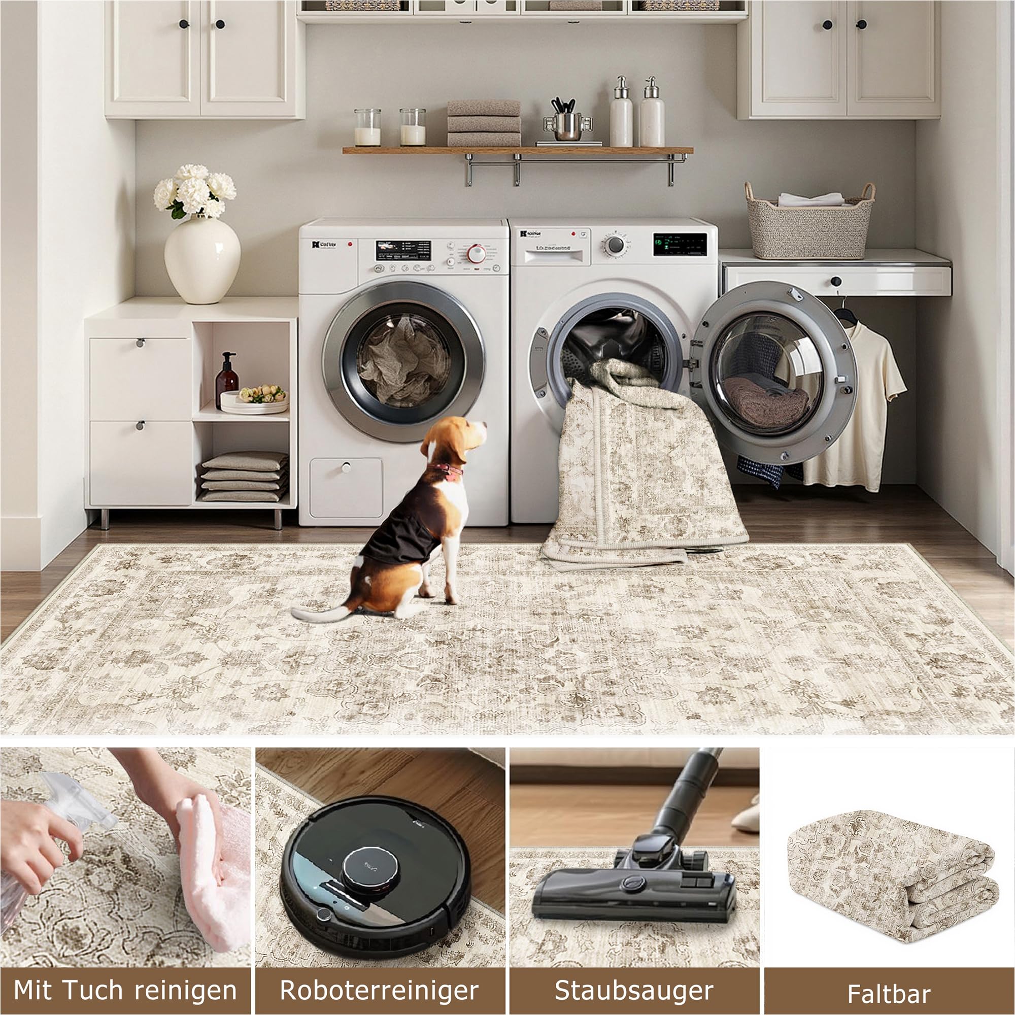 HUGEAR Vintage Beige Waschbarer Teppich Wohnzimmer 160x230cm Retro Rugs for Living Room Weich rutschfest Groß Tepich Kurzflor Schlafzimmer Carpet Living Room Bedroom Esszimmer Teppiche Büro