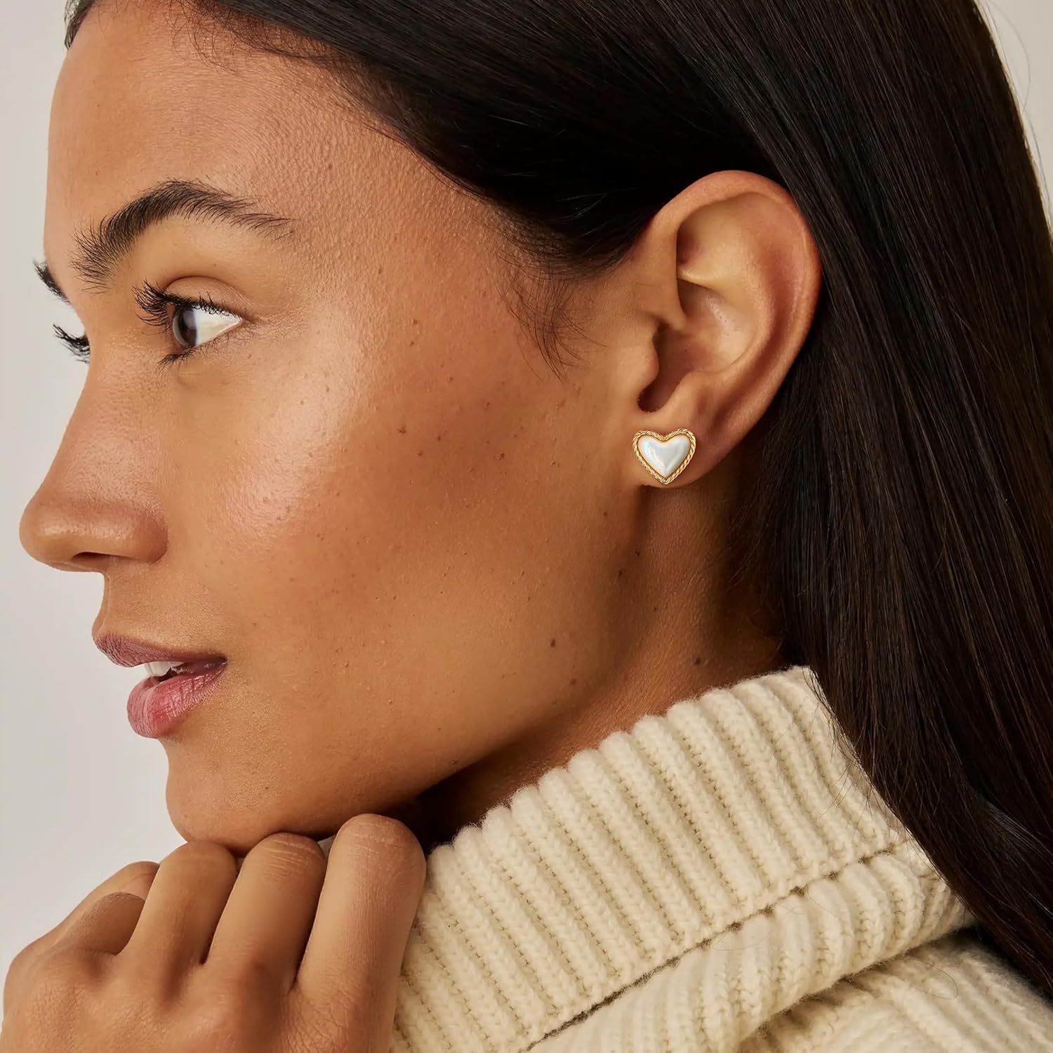 FETTERO Gold Earrings for Women 14K Gold Plated Love Heart Stud Earrings | Dainty Heart Earrings Studs Jewelry Mother of Pearl Earrings for Birthday Gift - Image 2