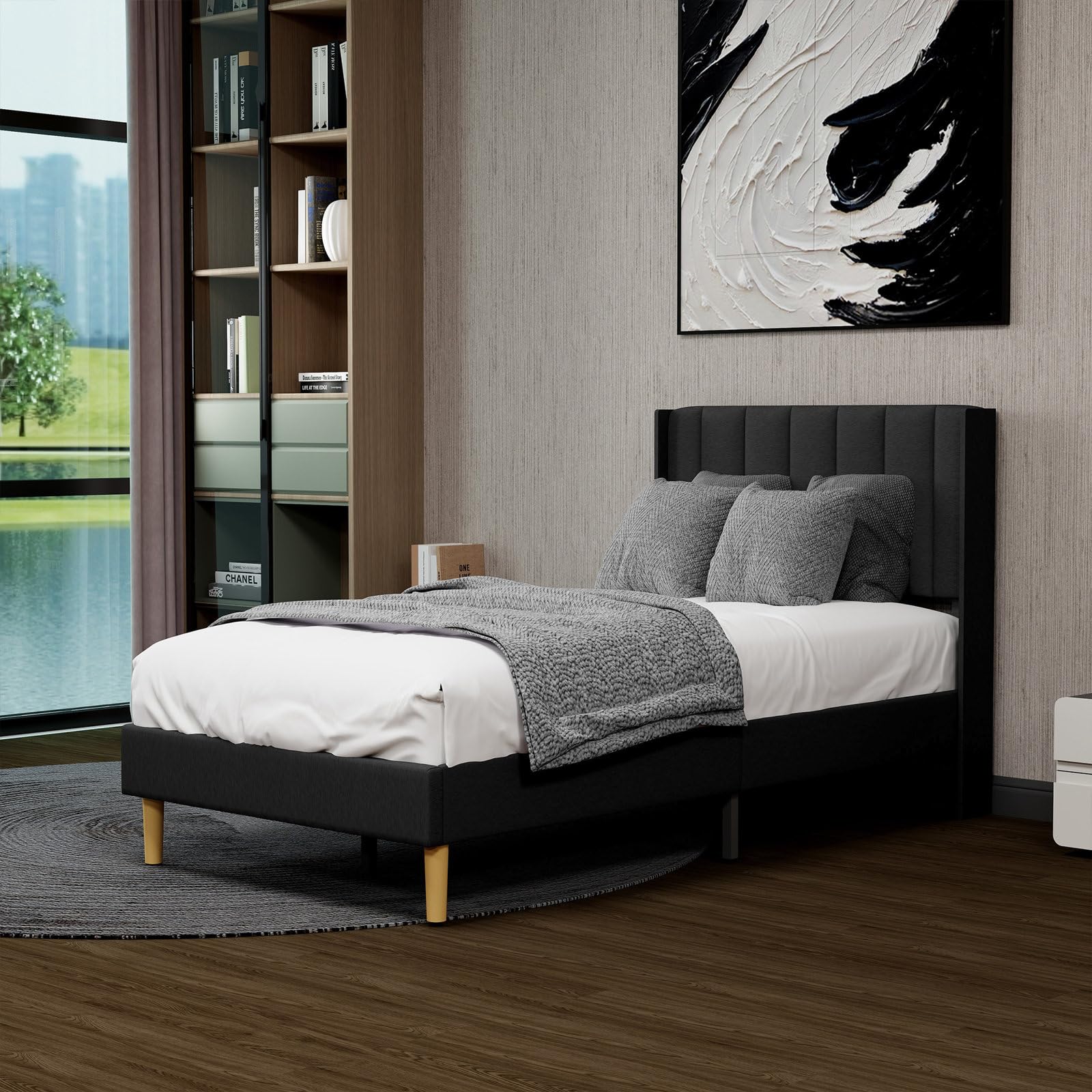 NIKIWOOD Orvyn Modern Upholstered Low Height Platform Bed Without Storage with Wingback Headboard | Wooden Single Bed Cot Palang for Bedroom Living Room (Black)-image-39