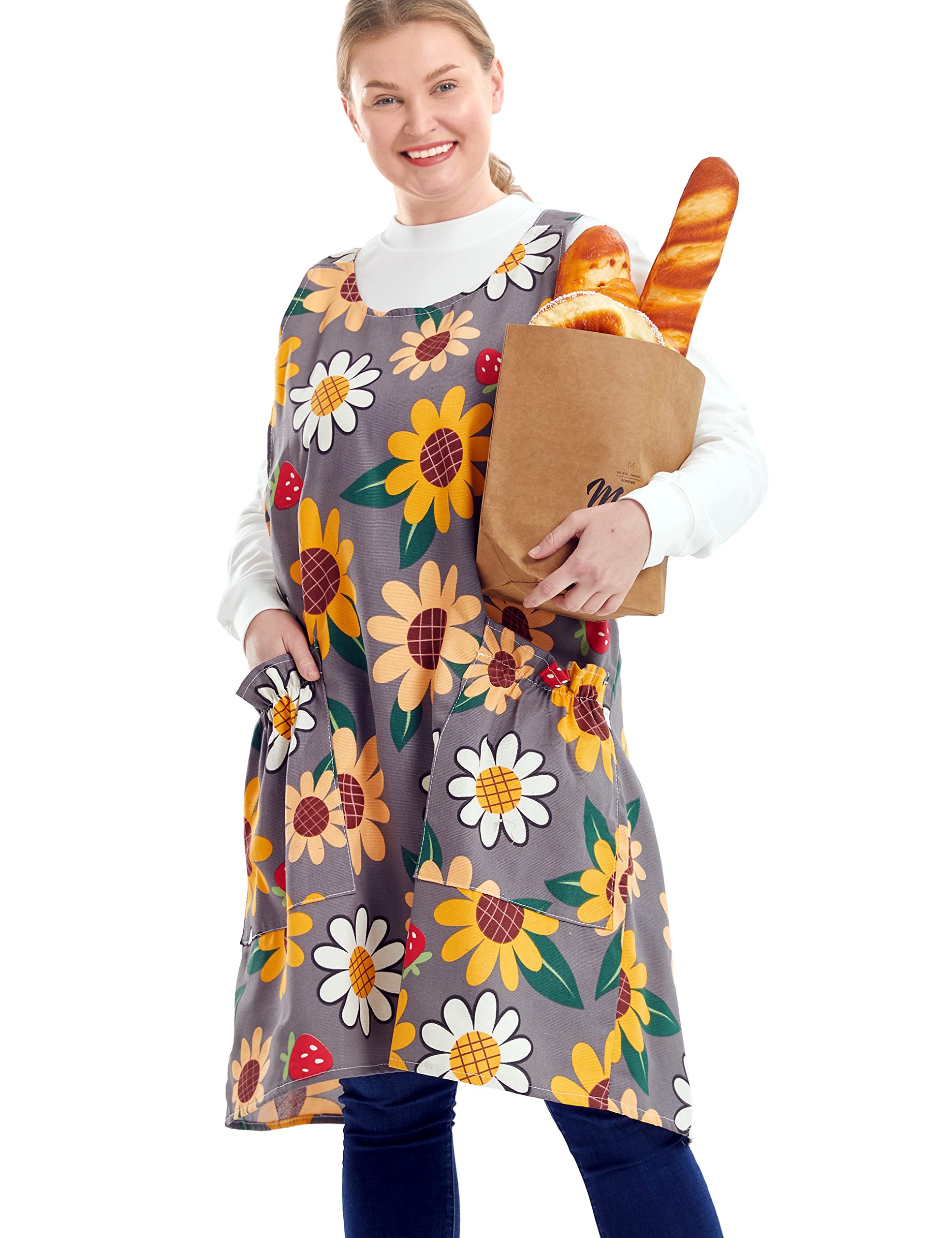 APRONNER Big Plus Size Aprons for Women with Pockets Cotton Linen Baking Kitchen Cooking, Sun Flowers, Large