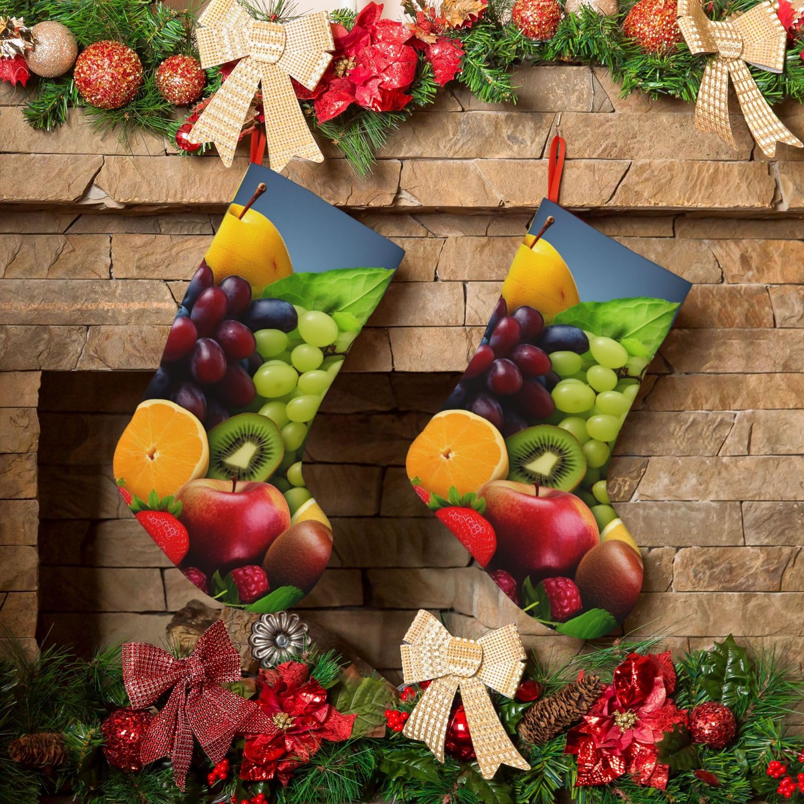 KLOPH Christmas Stockings 18" Personalized Xmas Stocking Fruits Decoration Stocking Hanging Fireplace Stocking for Holiday Xmas Tree Christmas Fireplace Decor