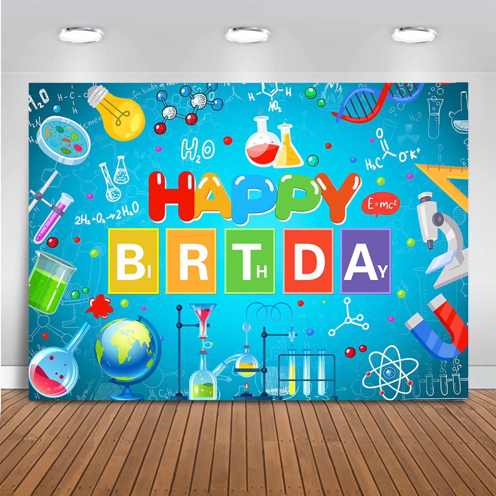 MocsickaScience Theme Birthday Backdrop Chemical Laboratory Mad Sciencist Happy Birthday Party Decorations Banner for Boys Chemical Science Photography Background (Cyan, 7x5ft(82"x60"))
