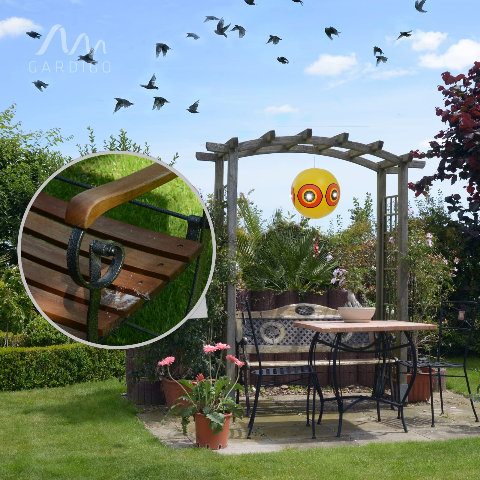 Gardigo Set di 4 Palloncini Spaventapasseri | Palloni Dissuasori per Volatili | Repellente per Uccelli e Piccioni