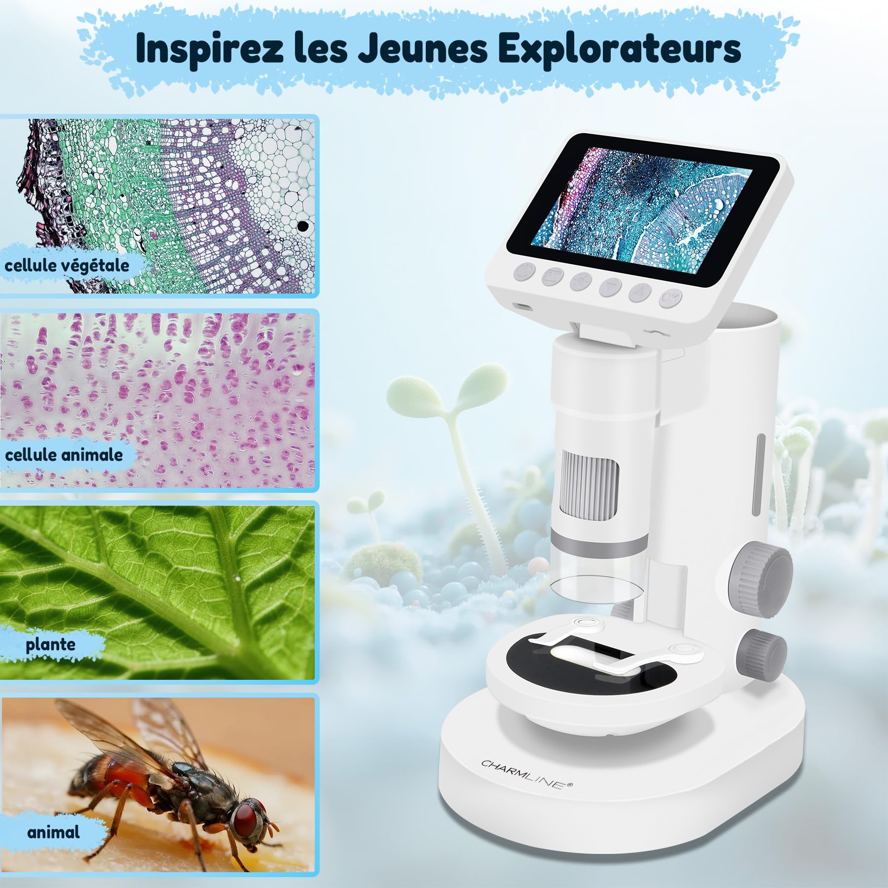 3-en-1 Microscope numérique pour Enfants, Cadeau pour Enfants à partir de 6 Ans, Utilisation Portable ou Fixe, Observation de la Nature en intérieur et en extérieur, 1000X, Carte SD 32 Go Incluse