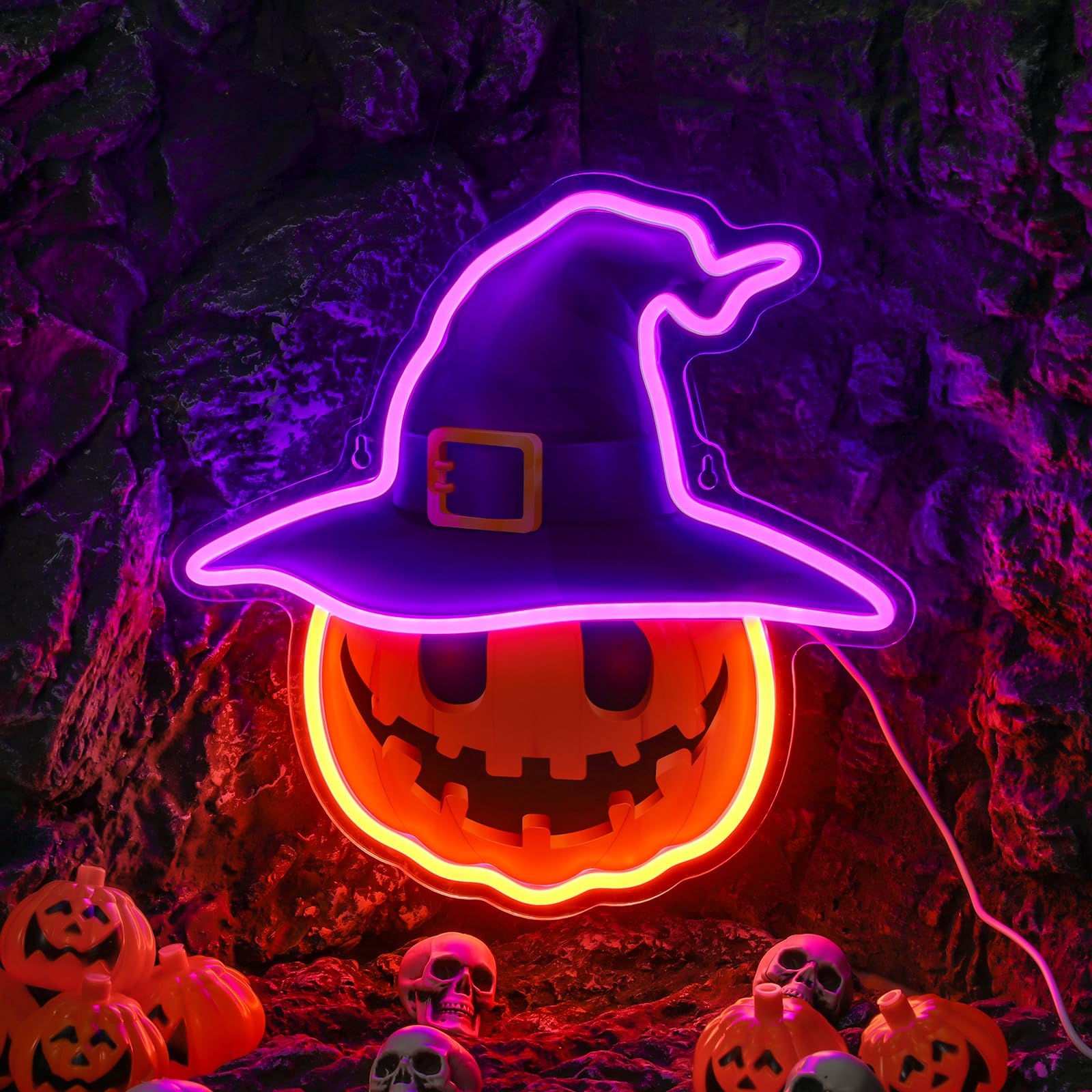 Huquary Halloween Neon Sign Pumpkin LED Neon Lights for Wall Decor Halloween USB Powered Witch Hat Neon Light Signs Hanging Neon Sign for Halloween Party Window Bedroom Stores Porch Gift