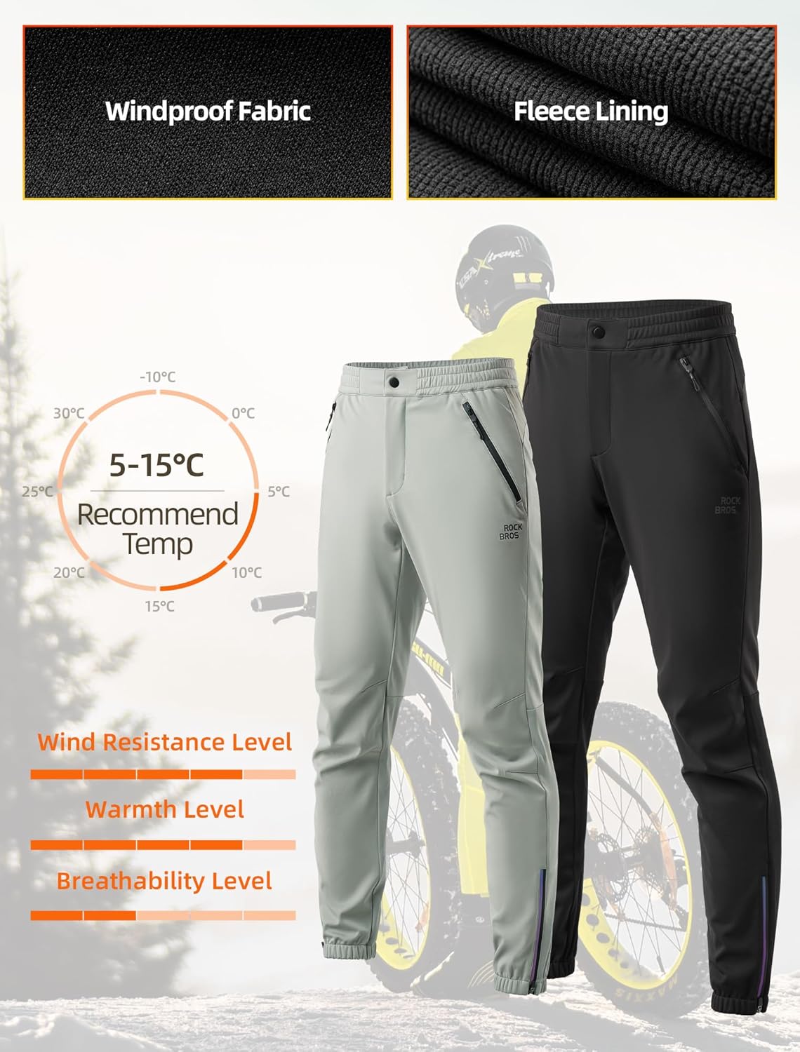 ROCKBROS Winter Cycling Pants for Men Cold Weather Bike Pants Drawstring Sports Jogger Pants for Mens