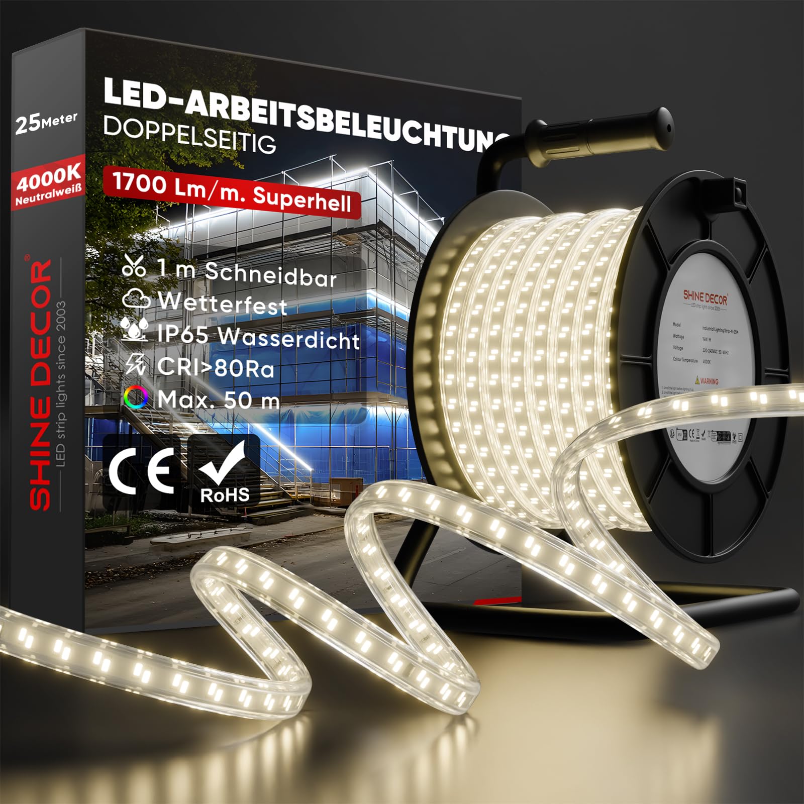 Shine Decor LED Streifen 25m, 350W, 42.500lm, IP65 Wasserfest LED Arbeitsleuchte, Ausziehbar auf 50m für Bau, Garage, Arbeitsort, Garten, Baubedarf (Neutralweiß 4000K, 25m mit Kabeltrommel)