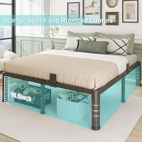 Miniatura 5 de Marco de cama matrimonial de 16 pulgadas con esquinas redondeadas y agujero para cabecero, retenedores de colchón, soporte resistente de 3500