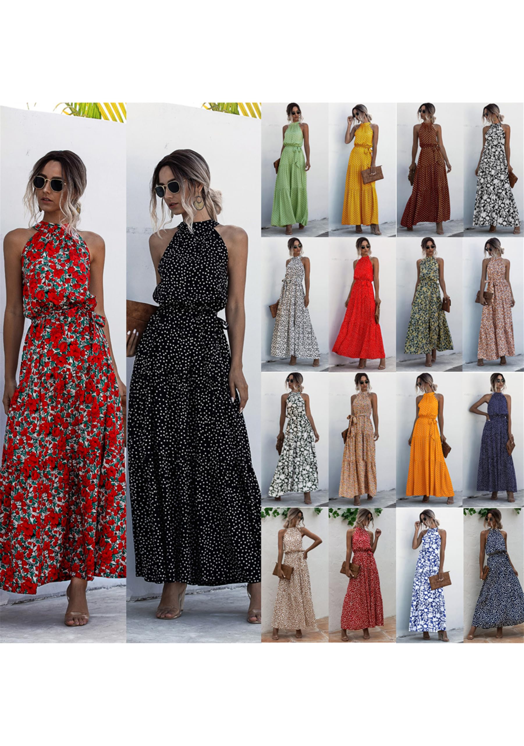Donne Boho Floreale Fluente Abiti Cocktail Sera Abito Spiaggia Vacanza Nozze Abiti All'Aamericana Collo Maxi Dress