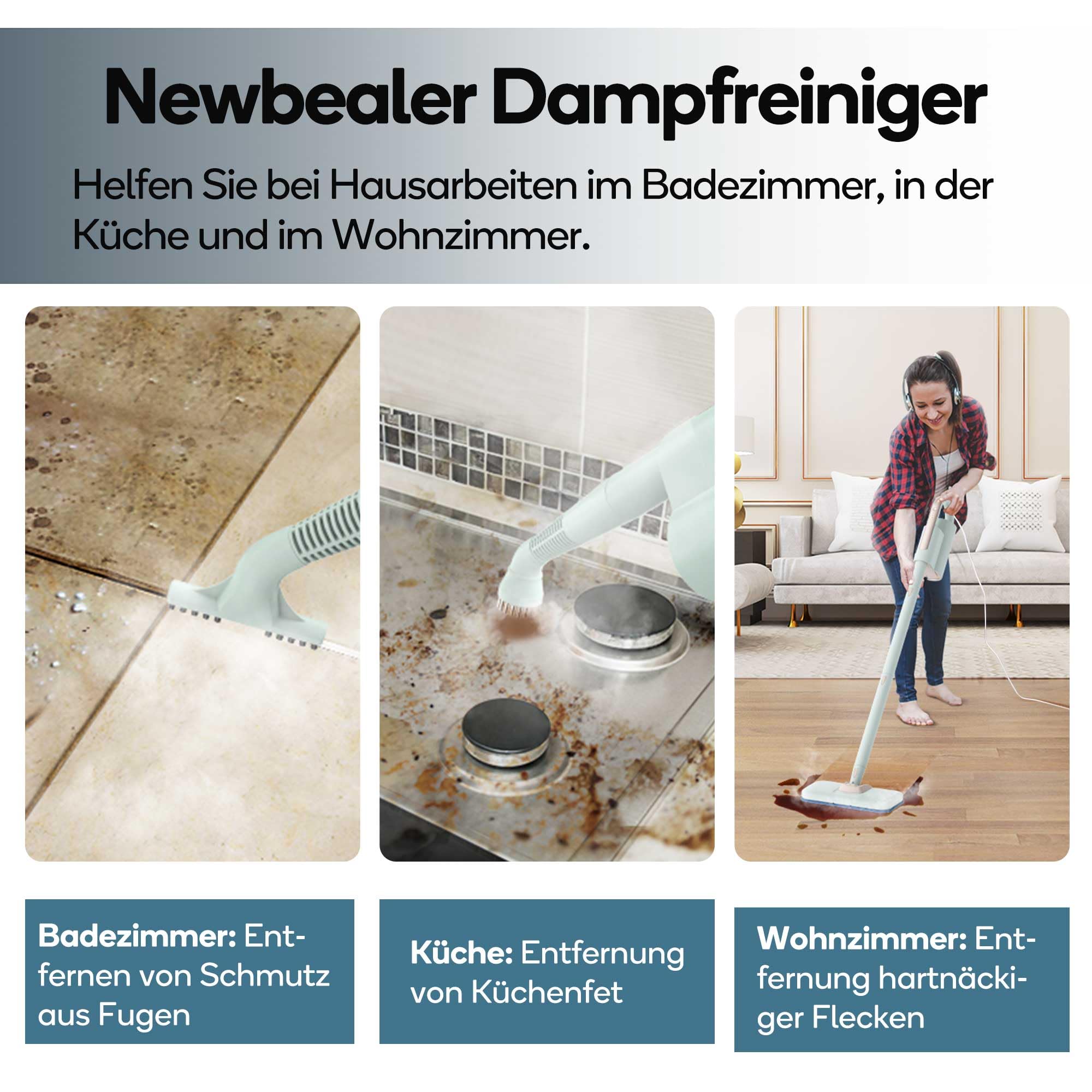 Newbealer 2-in-1 Dampfreiniger, 1200W Handgerät mit abnehmbarem Reiniger, 3 Dampfstufen, 7 Zubehörteile und 2 Mikrofaserpads, Ideal für Alle Böden, Teppiche | 3 einstellbare Ebenen für Teppich-Laminat, Hartholz-Fugenmörtel, Teppichgleiter, 7 Mehrzweck-Zub