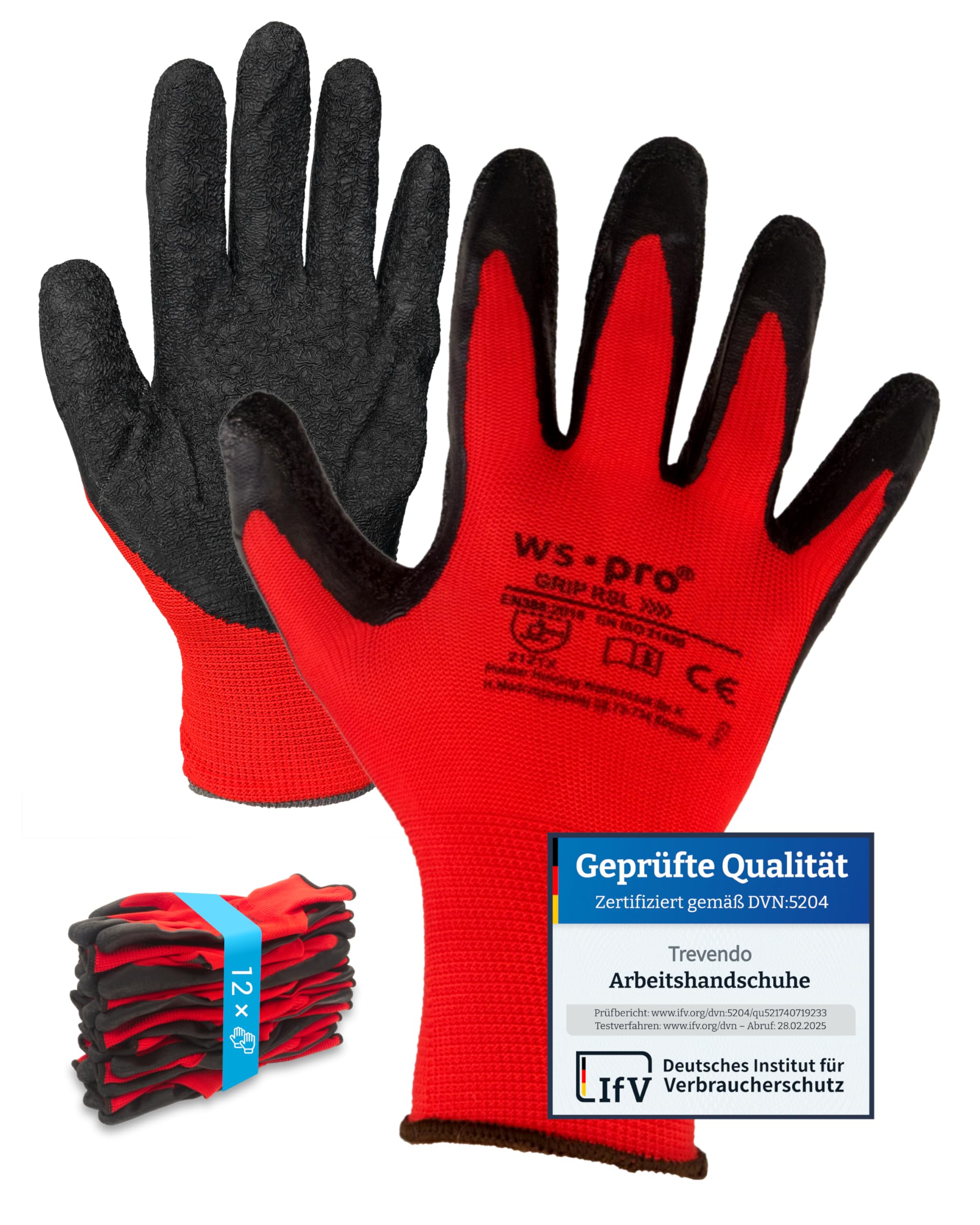 Trevendo Arbeitshandschuhe - WS-Pro Grip RSL - EN 388 - Montagehandschuhe mit Latexbeschichtung, atmungsaktiv & griffig - ideal für Bau, Garten, Logistik - Mehrfachpack - Größe 10, 72 Paar