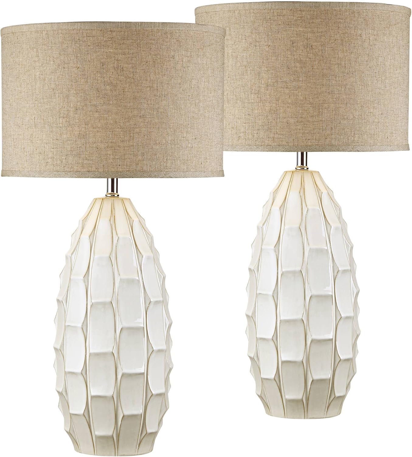 Possini Euro Design Cosgrove 32 3/4" Tall Oval Large Mid Century Modern Coastal End Table Lamps Set of 2 White Ceramic Living Room Bedroom Bedside Nightstand House Beige Shade (Colors May Vary)