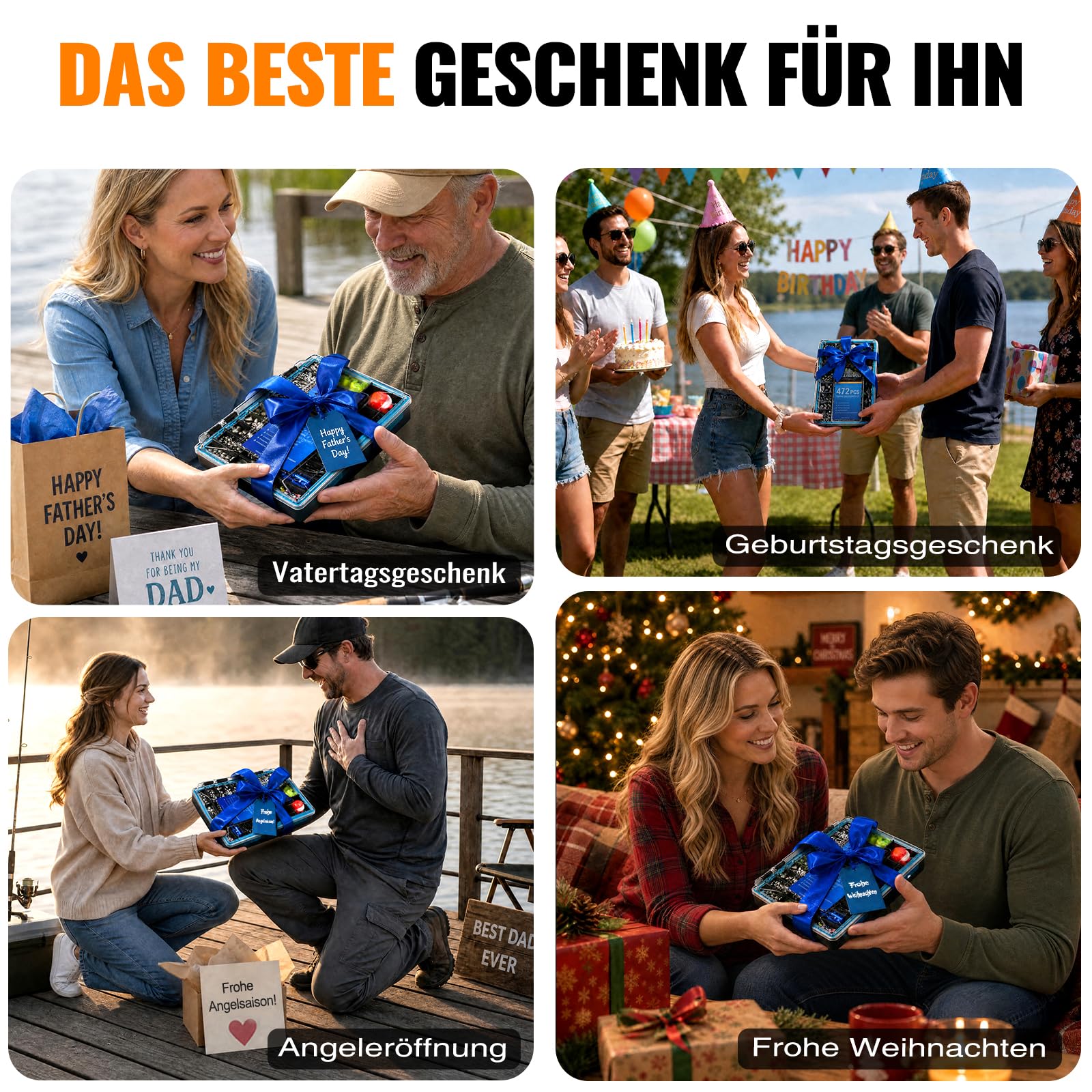 PLUSINNO 472-teiliges Angelzubehör-Set, wasserdichte Angelbox mit Zubehör, Angelgeschenk für Männer inklusive Haken, Gewichten, Zangen, Angelgerät und Ausrüstung für Barsch und Forelle