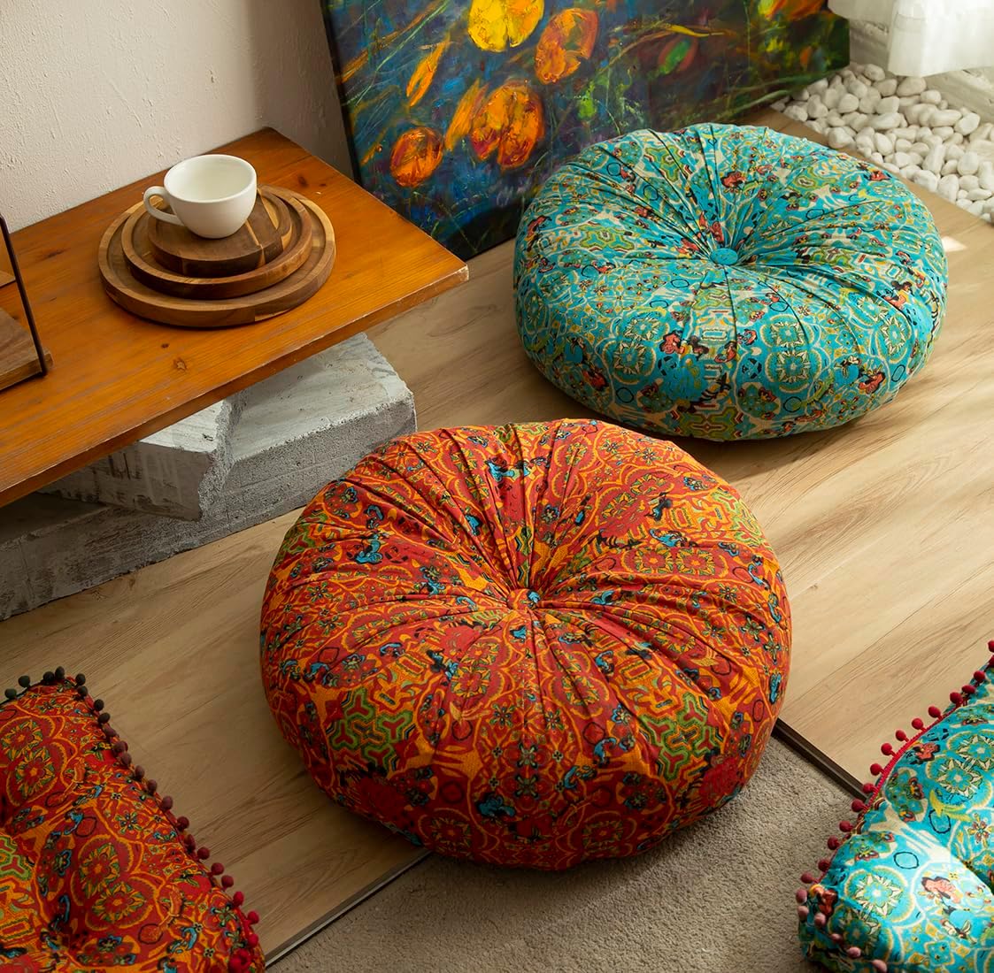 Cotton Linen Morocco Floor Cushions, Meditation Pillow, Futon Tatami Mats, Large Round Cushions for Outdoor Fireplace Yoga Living Room Reading Nook (OrangeB,22''x22'')