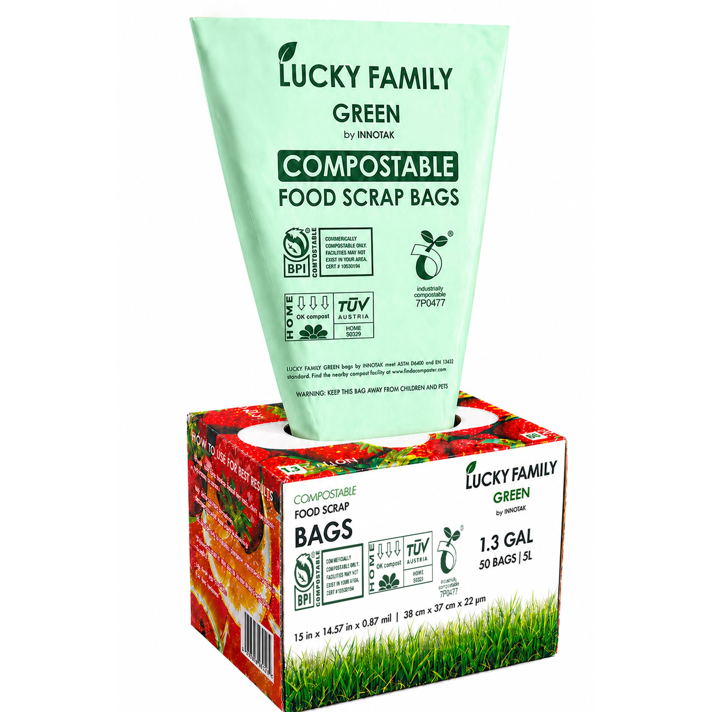 Lucky Family - Bolsas de compostaje verdes para encimera de cocina, 1.3 hasta 1.6 galones, 100% compostable, reciclables, orgánicas, ecológicas, 50 bolsas por rollo