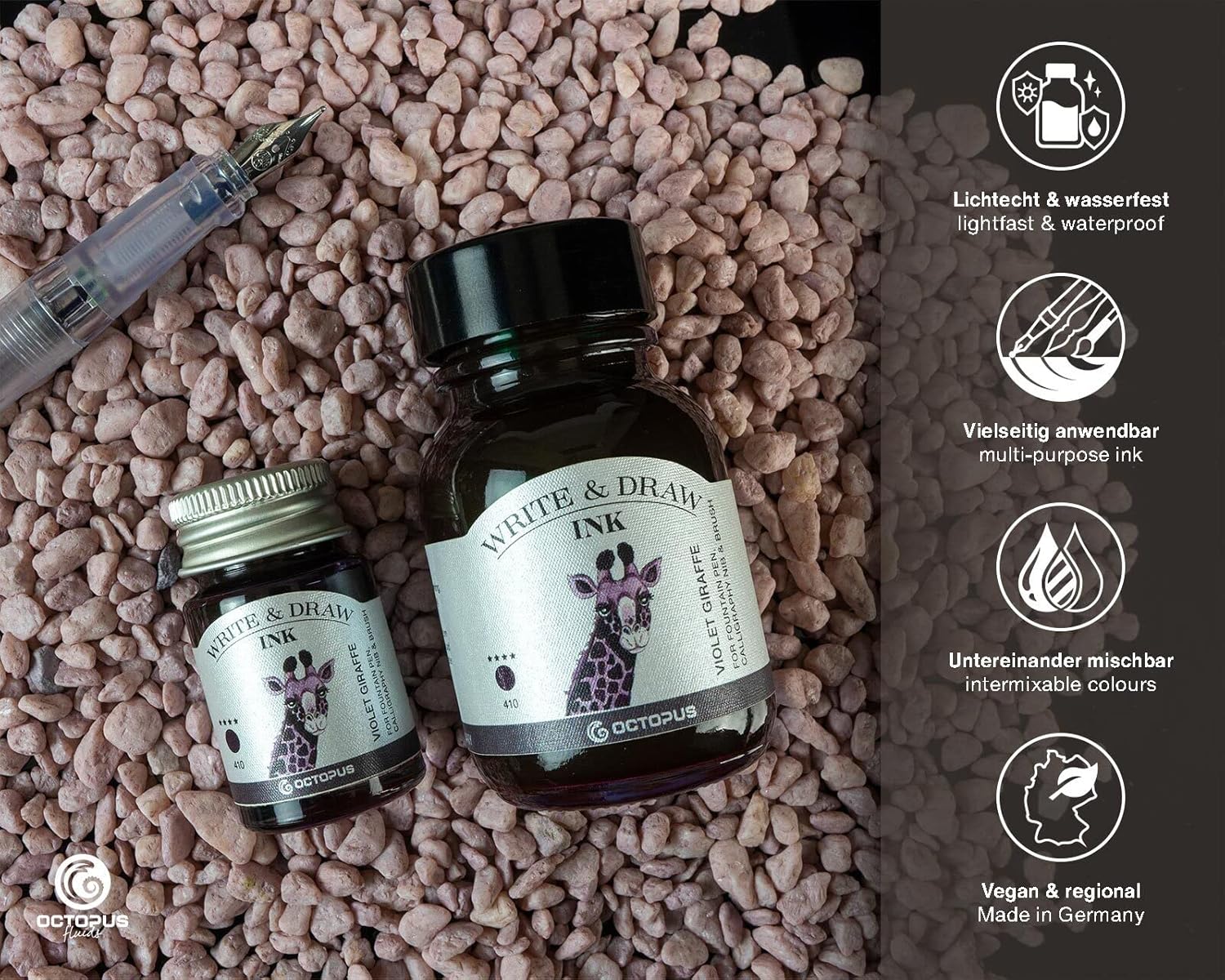 Octopus Write and Draw Ink 410 Violet Giraffe Waterproof Ink for Writing and Drawing, Calligraphy Ink, Non-fading Drawing Ink for Fountain Pen, Purple, 50 ml