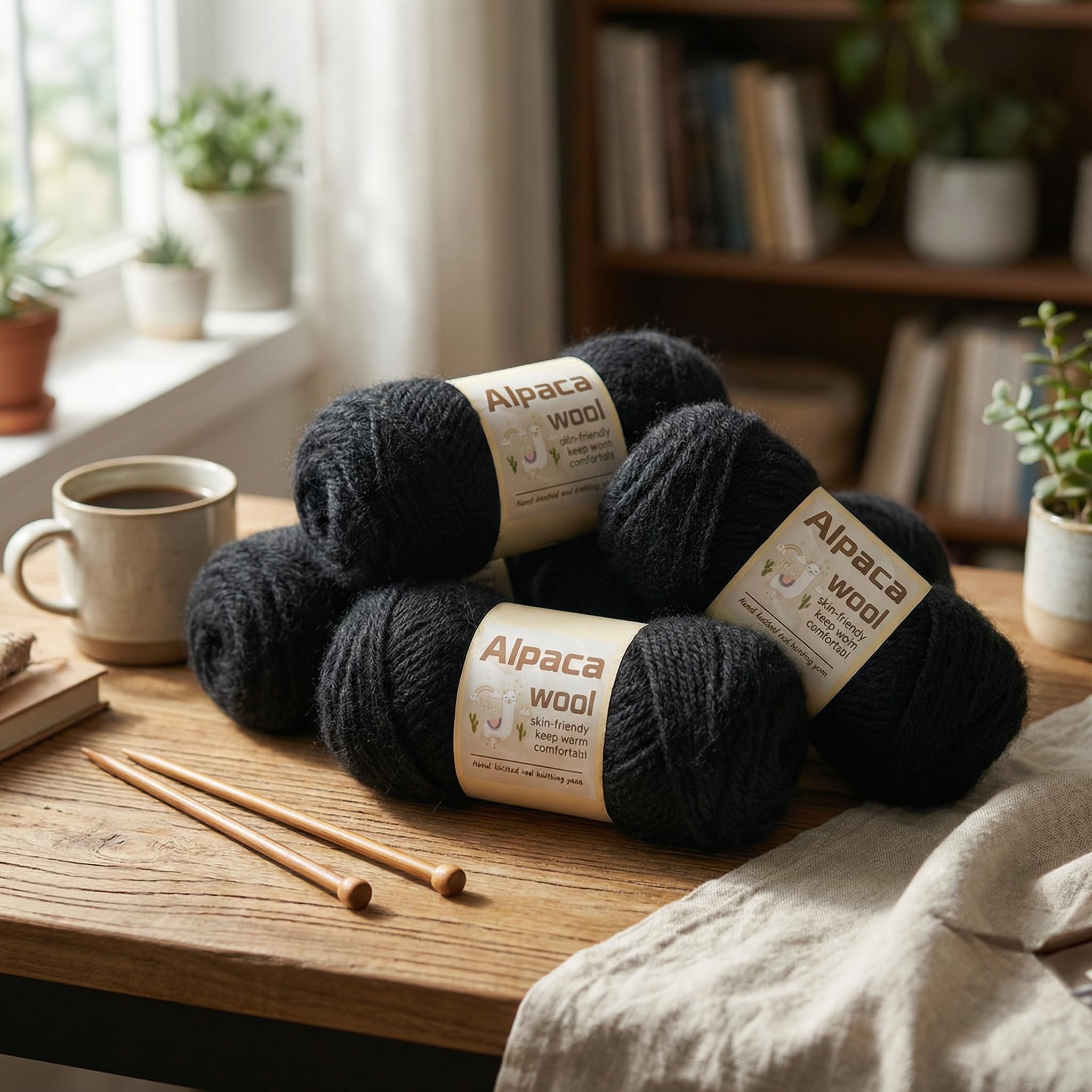 245 Thick Premium Alpaca Wool Yarn for Knitting and Crochet, 95% Natural Alpaca, 5% Acrylic - 5 Skeins Total 13.23 oz / 375g (2.65 oz / 75g per Ball) - Soft, Skin-Friendly Yarn, Black