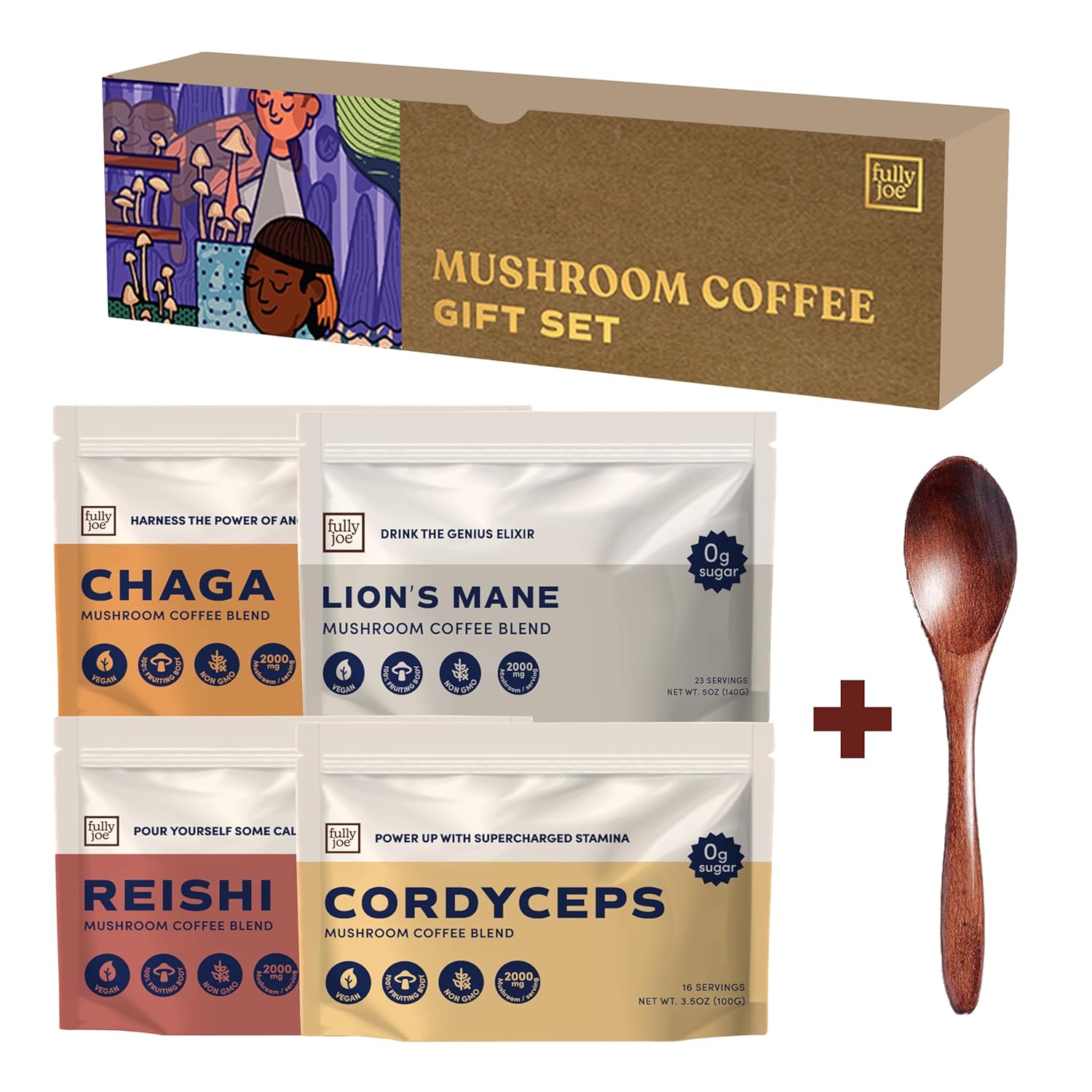 Fully Joe Mushroom Coffee Gift Set with Superfood Mushrooms, Includes Lion's Mane, Reishi, Chaga, Cordyceps Mixed With Gourmet Arabica Instant Immune Boosting Coffee for Focus & Gut Health