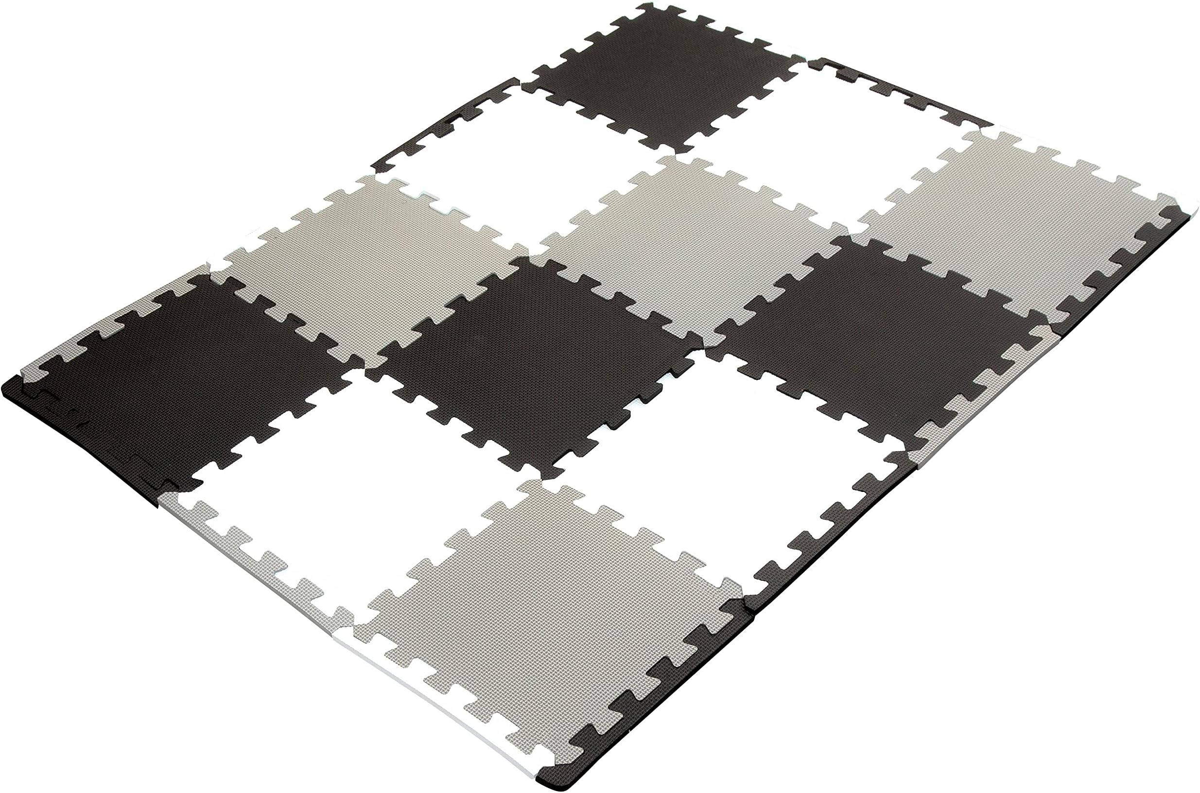 Foam Mats ; 12 Pieces and 14 Edges; 30.5 x 30.5cm; Black, Grey, White - Non-Slip Interlocking Puzzle Floor Tiles for Home, Gym, Playroom