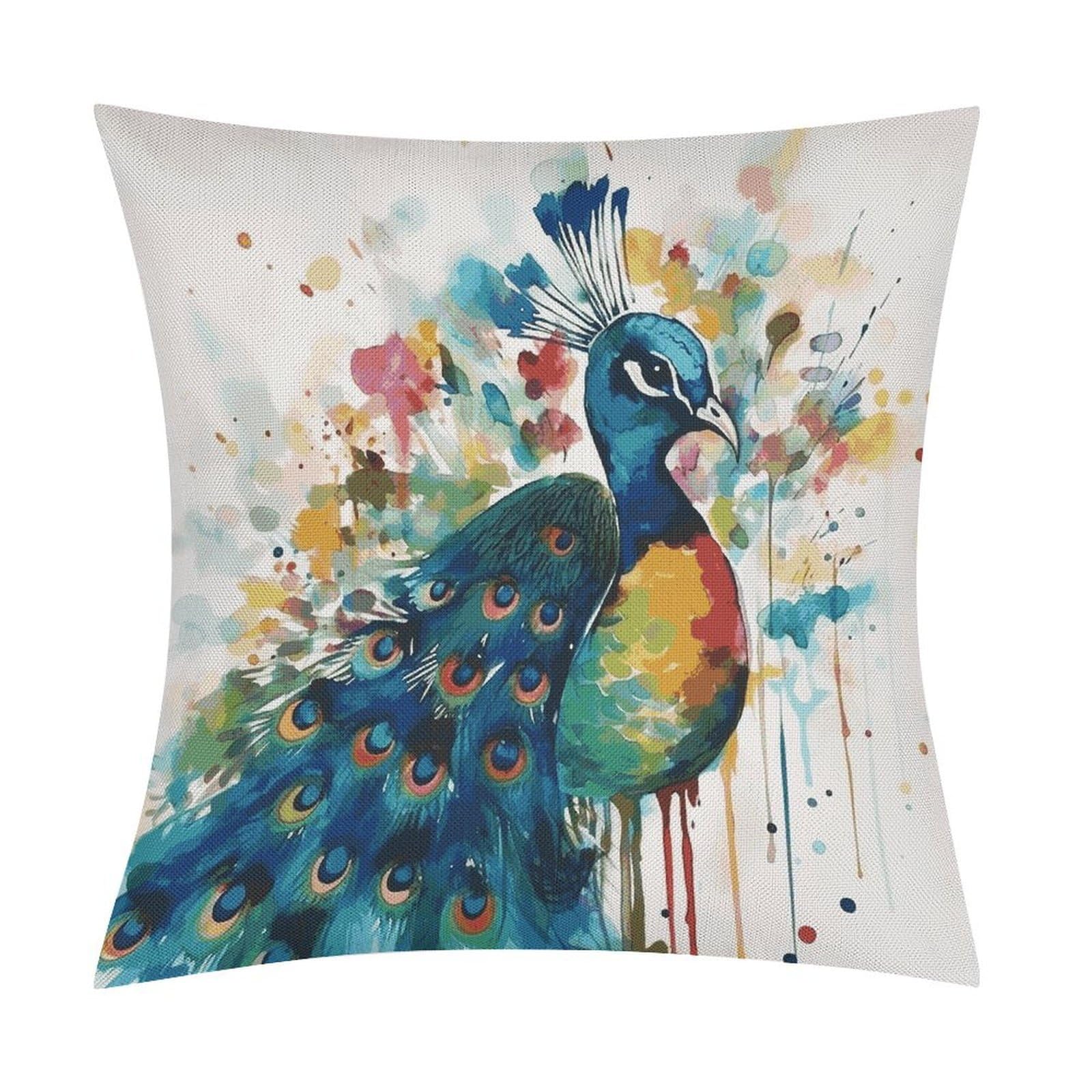 JTREHY Watercolor Peacock Throw Pillow Covers Farmhouse Pillow Cover Standard Pillow Shams Decorative Square Pillowcases Soft Pillow Cases Wrinkle Fade Resistant for Couch Home 18x18 Inch