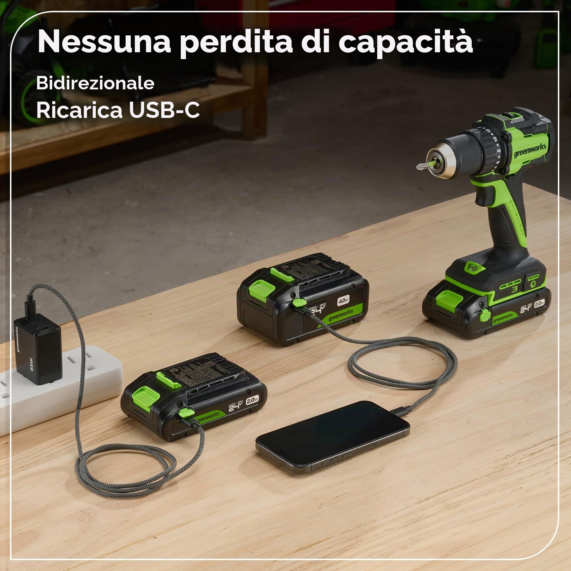 Greenworks 24V Trapano Avvitatore a Batteria 45Nm + 220Nm Avvitatore a impulsi a batteria Brushless, (2) batterie USB-C 2.0Ah (12.000mAh) e caricatore veloce USB-C da 65W (3 porte) CK321