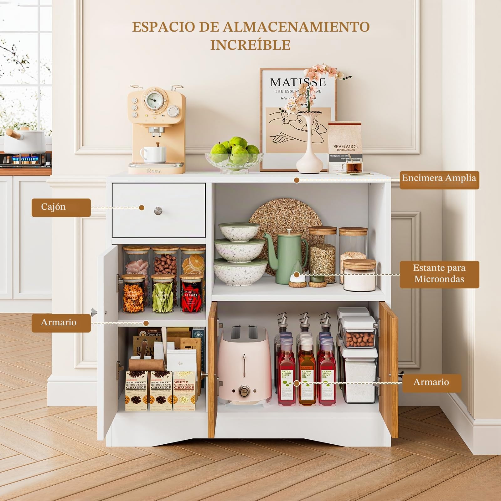 Aparador de Cocina con 3 Puertas, Cajón y Estante para Microondas | Mueble de Almacenaje, Blanco y Madera Natural, 83 × 40 × 80 cm