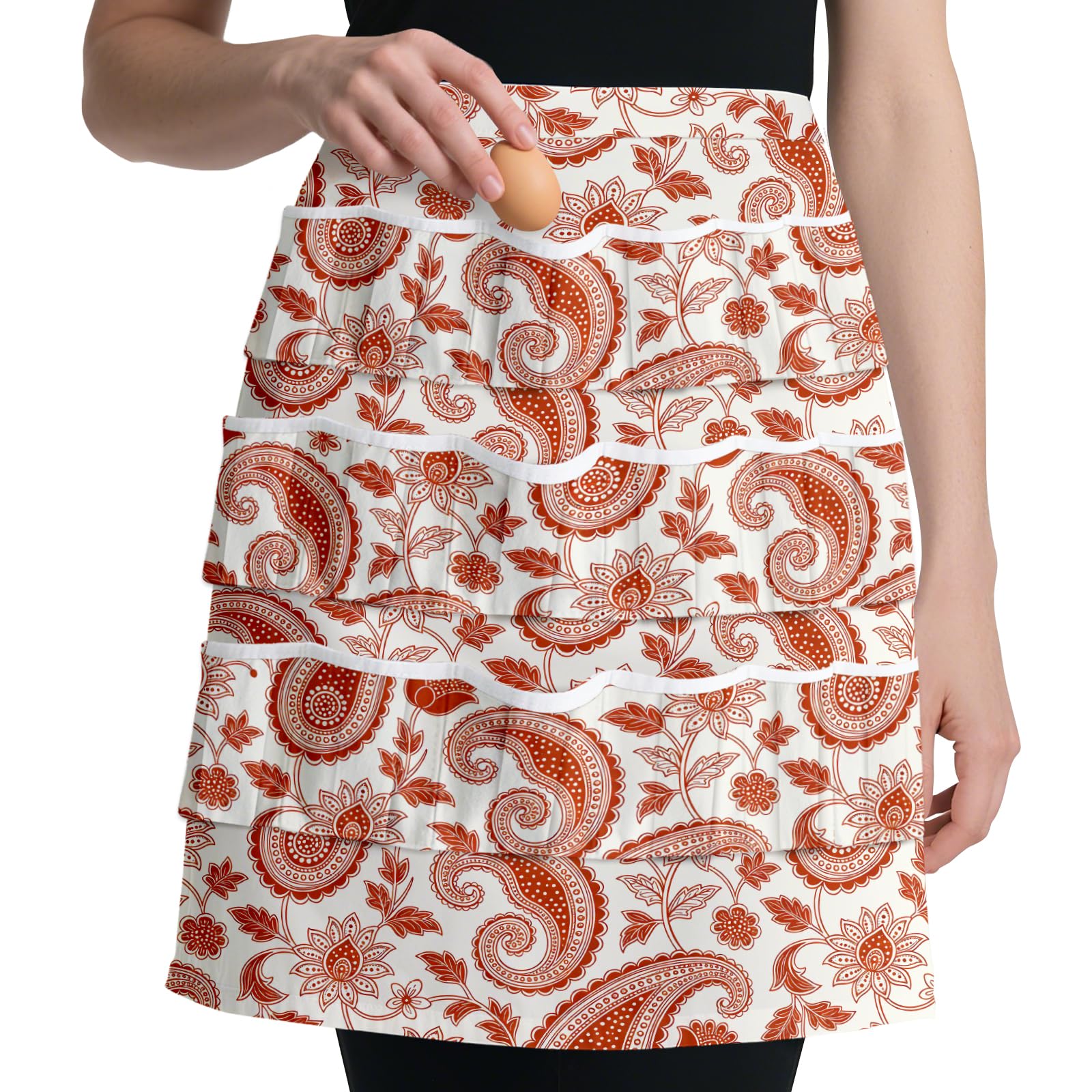 CUTHOLLOW Vintage Paisley Floral Pattern Egg Collecting Apron for Adlut, Women, Housewife, 18 Deep Pockets Hen Egg Gathering Holding Apron with Elastic Closures for Farmhouse, Kitchen, Restaurant