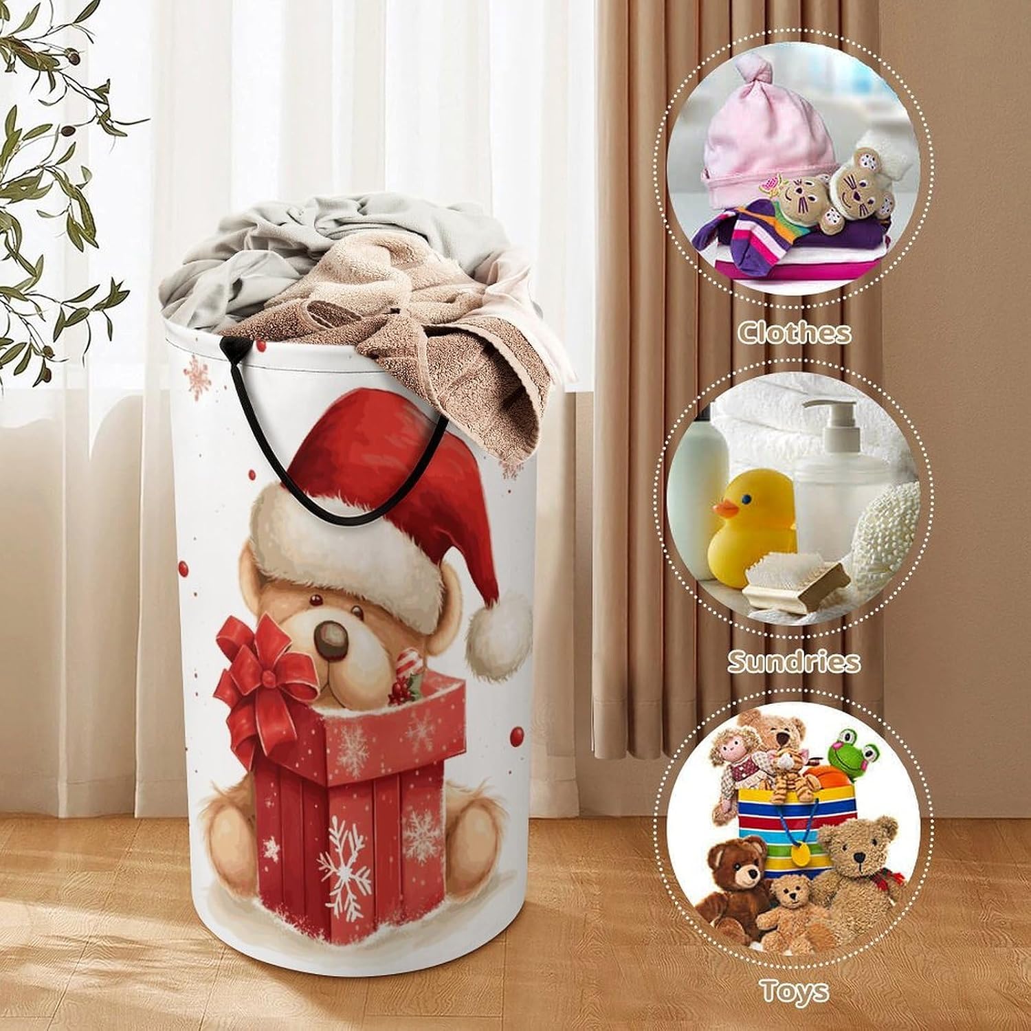 Large Laundry Hamper with Handles Santa Hat Gift Laundry Basket Freestanding Waterproof Clothes Hamper for Living Room Bedroom Bathroom College Dorm