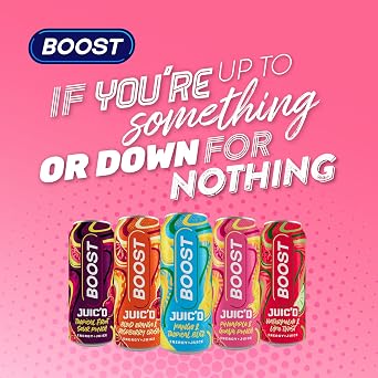 Boost Juic'd Energy Drink Pineapple & Guava Juice Punch | 12 Multipack Carbonated Soft Drinks with Real Fruit, High Caffeine, Taurine and Vitamin B | Fizzy Energy Drink Multipack | 12x500ml