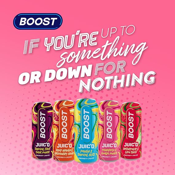 Boost Juic'd Energy Drink Pineapple & Guava Juice Punch | 12 Multipack Carbonated Soft Drinks with Real Fruit, High Caffeine, Taurine and Vitamin B | Fizzy Energy Drink Multipack | 12x500ml