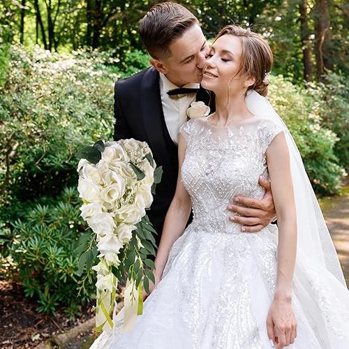 Miniatura 6 de ChezMax Ramo de novia de boda, rosas artificiales para novia con cintas, ramo de flores falsas de dama de honor de 11.8 pulgadas, ramo en cascada