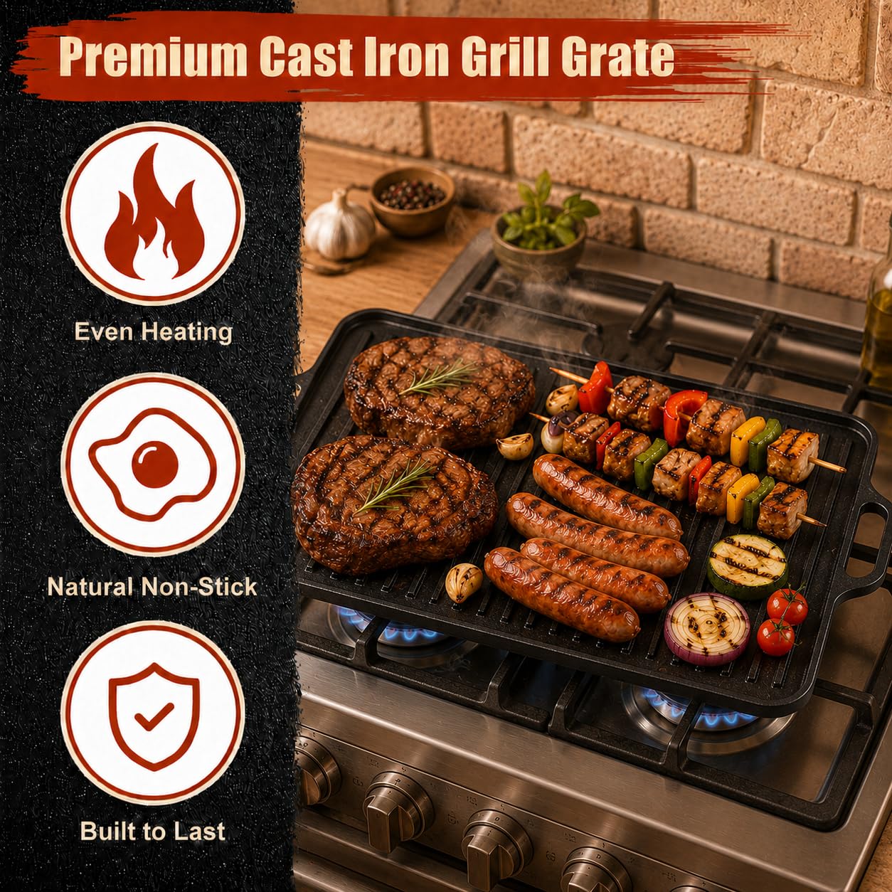 Plaque de cuisson en fonte Denmay pour cuisinière à gaz, 50,8 cm x 26,5 cm, gril de cuisson réversible pré-assaisonné et poêle à griller 2 en 1 avec poignées faciles à saisir pour feu ouvert.