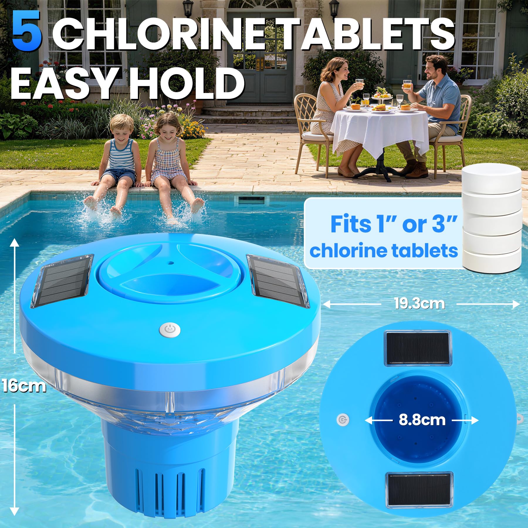 AearKing 2026 Dispenser Cloro Piscina, 5 * 3" Grande Fontana Solare Galleggiante con Luci, Distributore Cloro Piscina con Controllo a Pulsante, Regolabile Dosatore Cloro per Piscina, Spa