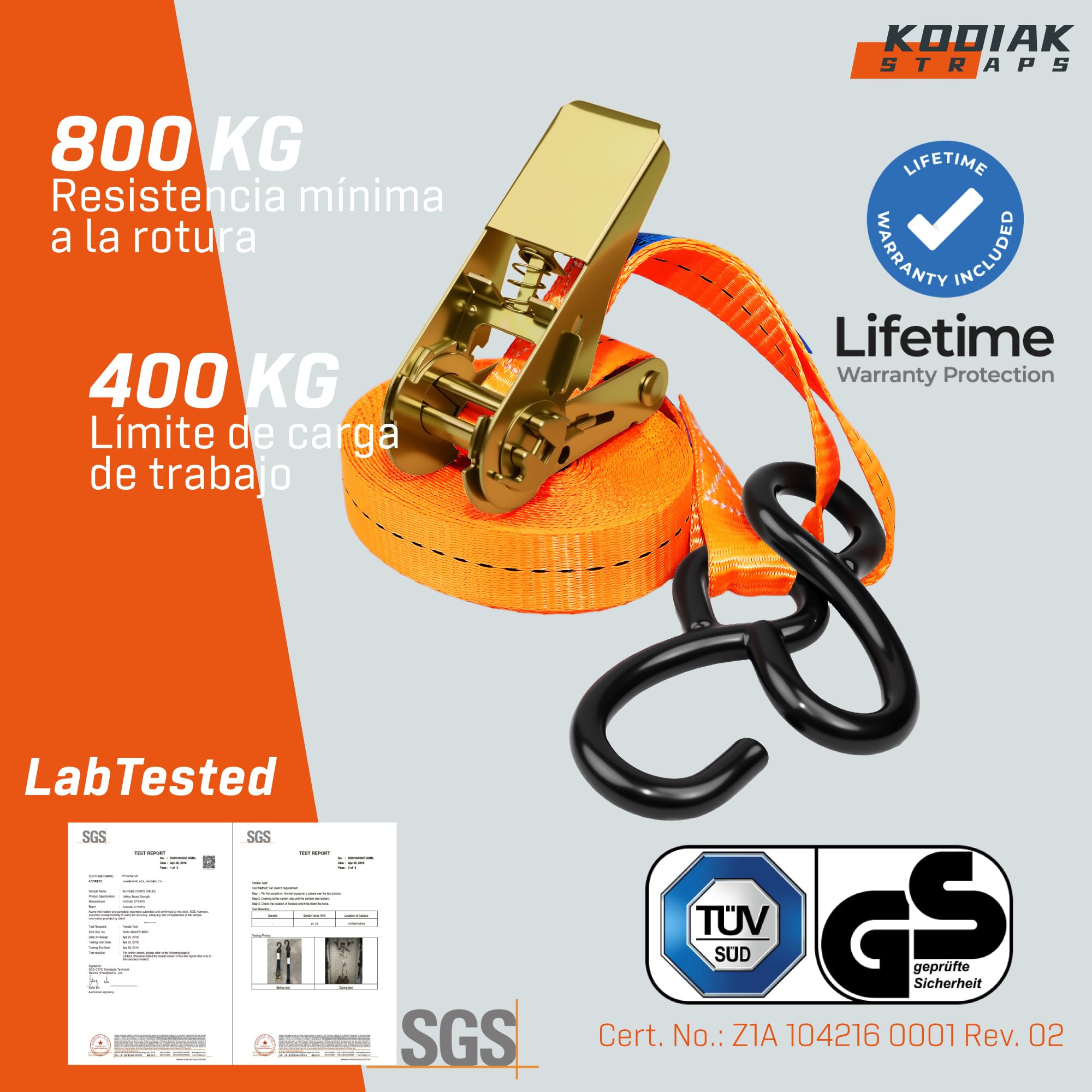 10 Correas Trinquete Gancho S 4m 25mm 800kg TÜV/GS Carga Segura