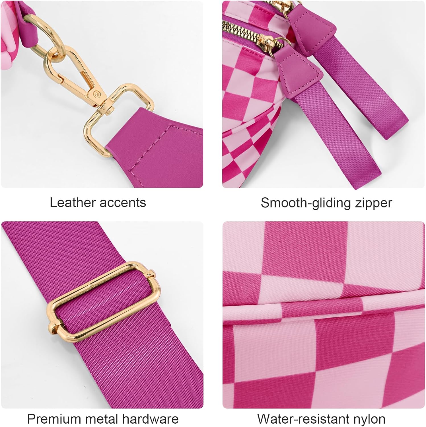 Checkered Crossbody Bags for Women, Large Nylon Bum Bags Plus Size Fanny Pack Sling Bag Belt Bag for Women Travel, Rose Checkered