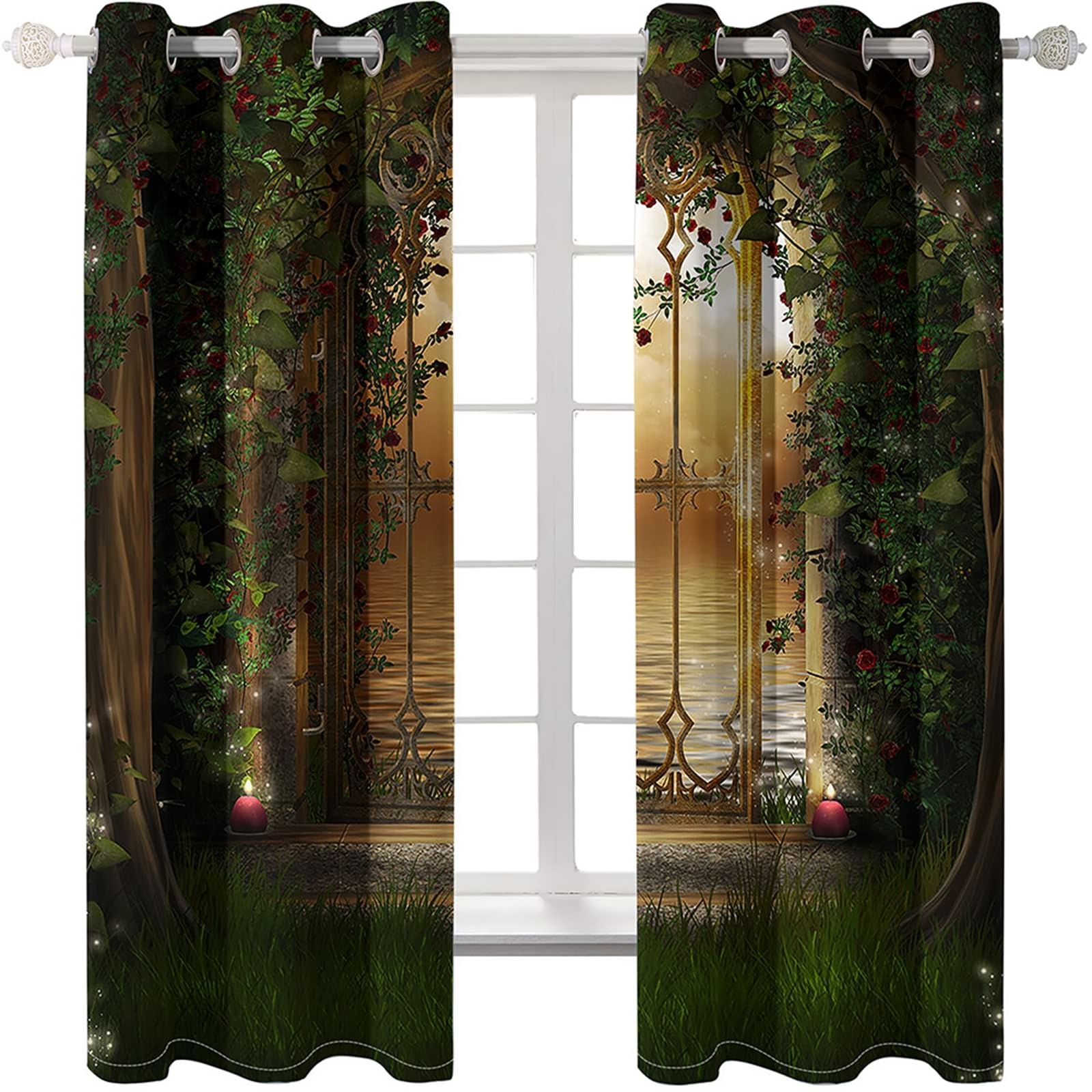 Thermovorhang Kälteschutz, 132x274cm Grün Braun Fantasiebäume Tür und See Sommer Vorhang Blickdicht mit Ösen Thermovorhang Kälteschutz Vorhänge Wohnzimmer Schlafzimmer Wärmeisolierend