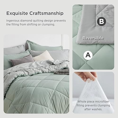 Miniatura 4 de Bedsure Juego de edredón, king, reversible, de 7 piezas, en una bolsa, con edredón, sábanas, fundas de almohada y fundas, verde salvia