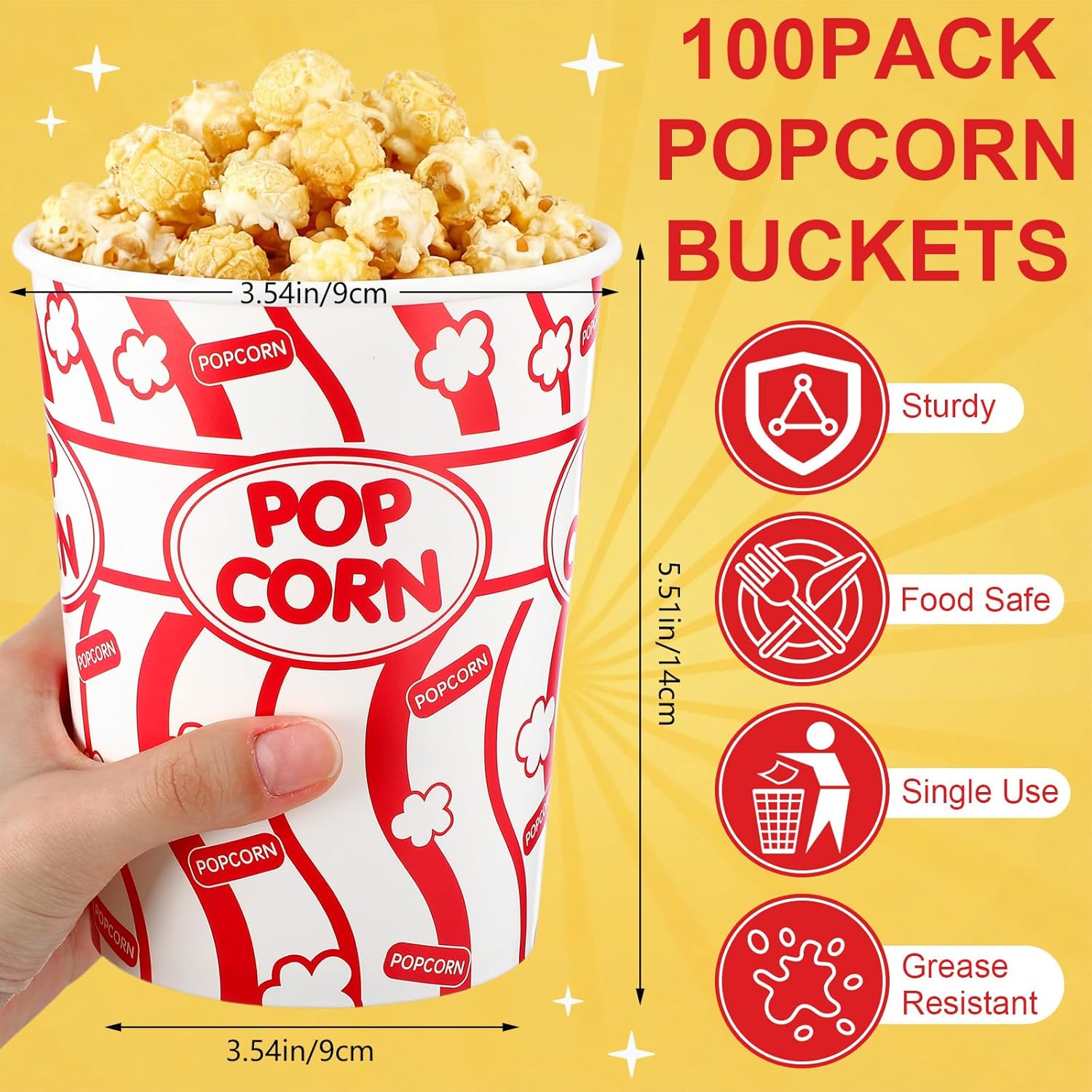 LemonRoad 100 Pieces Popcorn Buckets, 32 oz Grease-proof Kraft Popcorn Cups, Disposable Potato Chips Container Tubs Bulk for Movie Night, Theater, Home, Party, Carnival, Camping