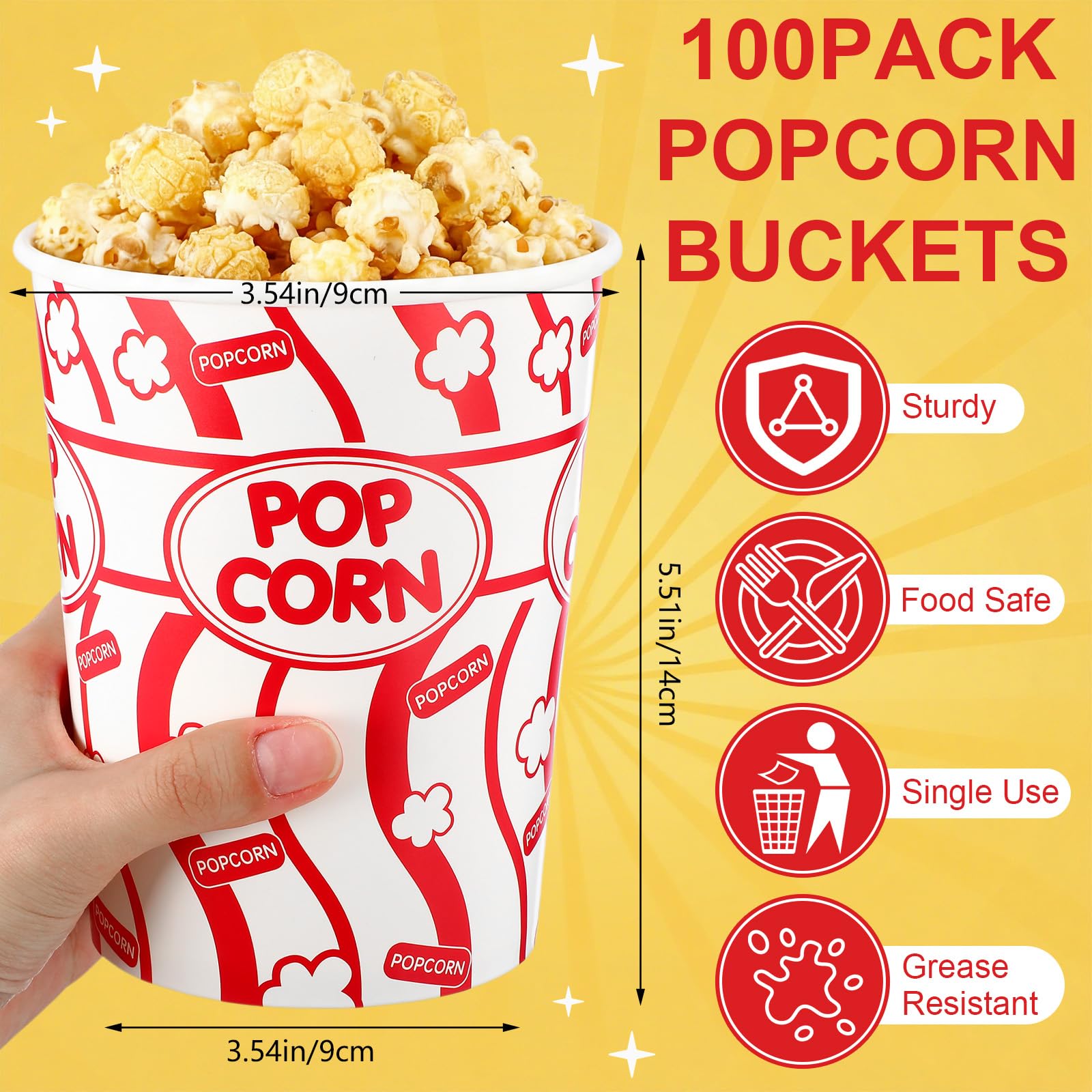 LemonRoad 100 Stück Popcorn-Eimer, 907.2 g fettdichte Kraft-Popcornbecher, Einweg-Kartoffelchips-Behälter, Behälter für Filmabend, Theater, Zuhause, Party, Karneval, Camping