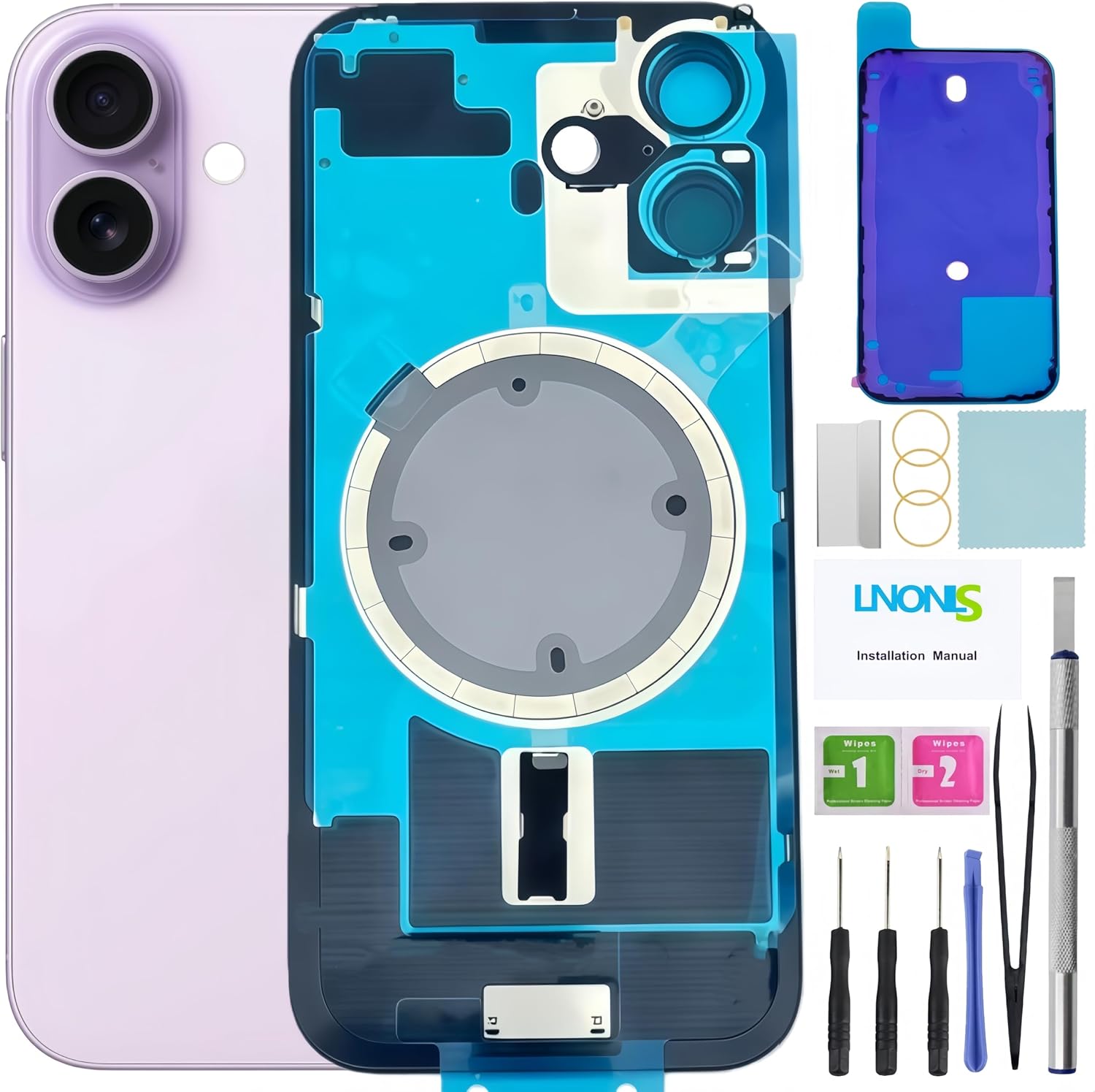 17 Back Glass Replacement for iPhone 17 Rear Back Cover Glass with Frame Magesafe Waterproof Professional Repair Tool Kit (Lavender)